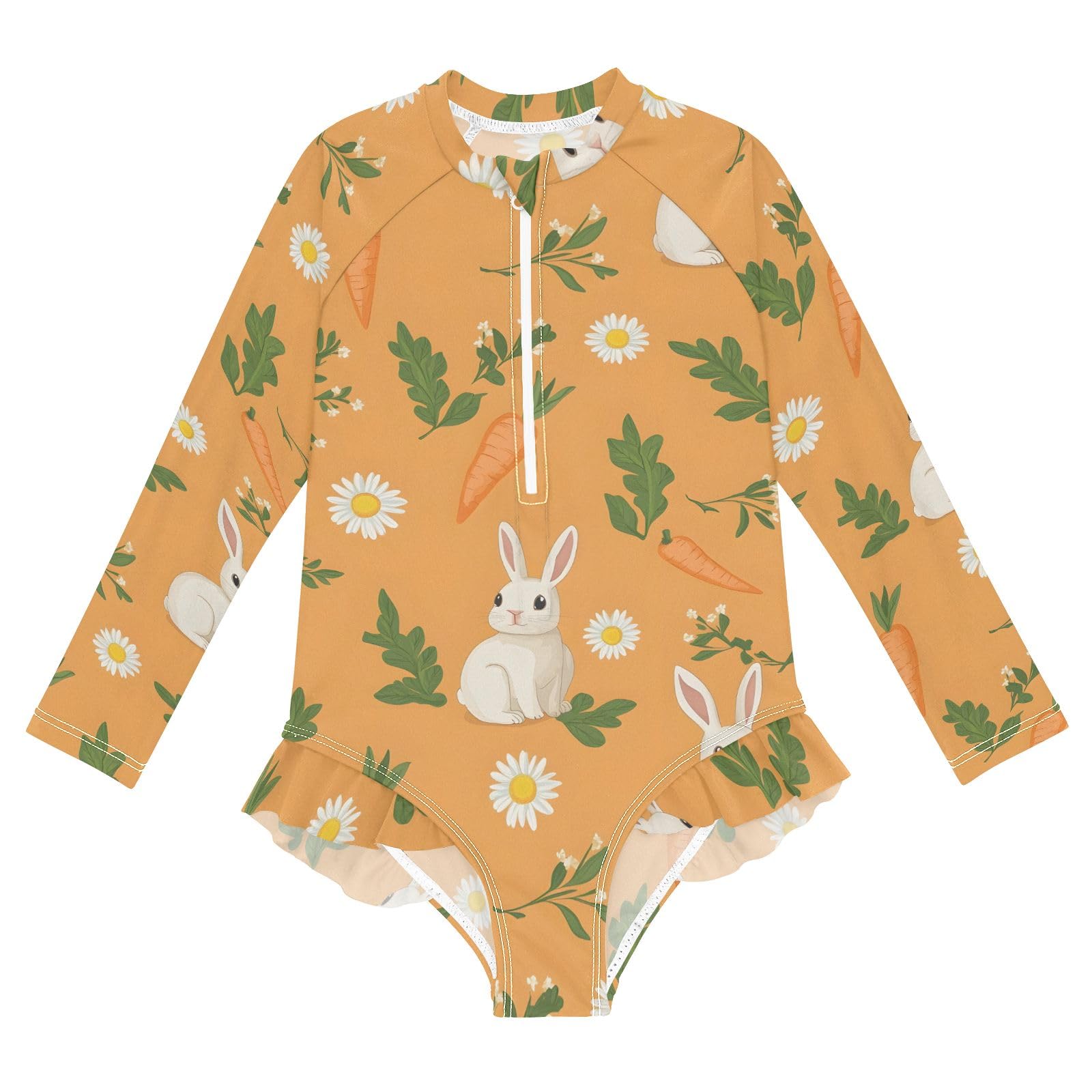 ALAZA Swimsuit for Girls Long Sleeve Rashguard Bathing Suit Orange Rabbit Carrot Quick Dry 4T