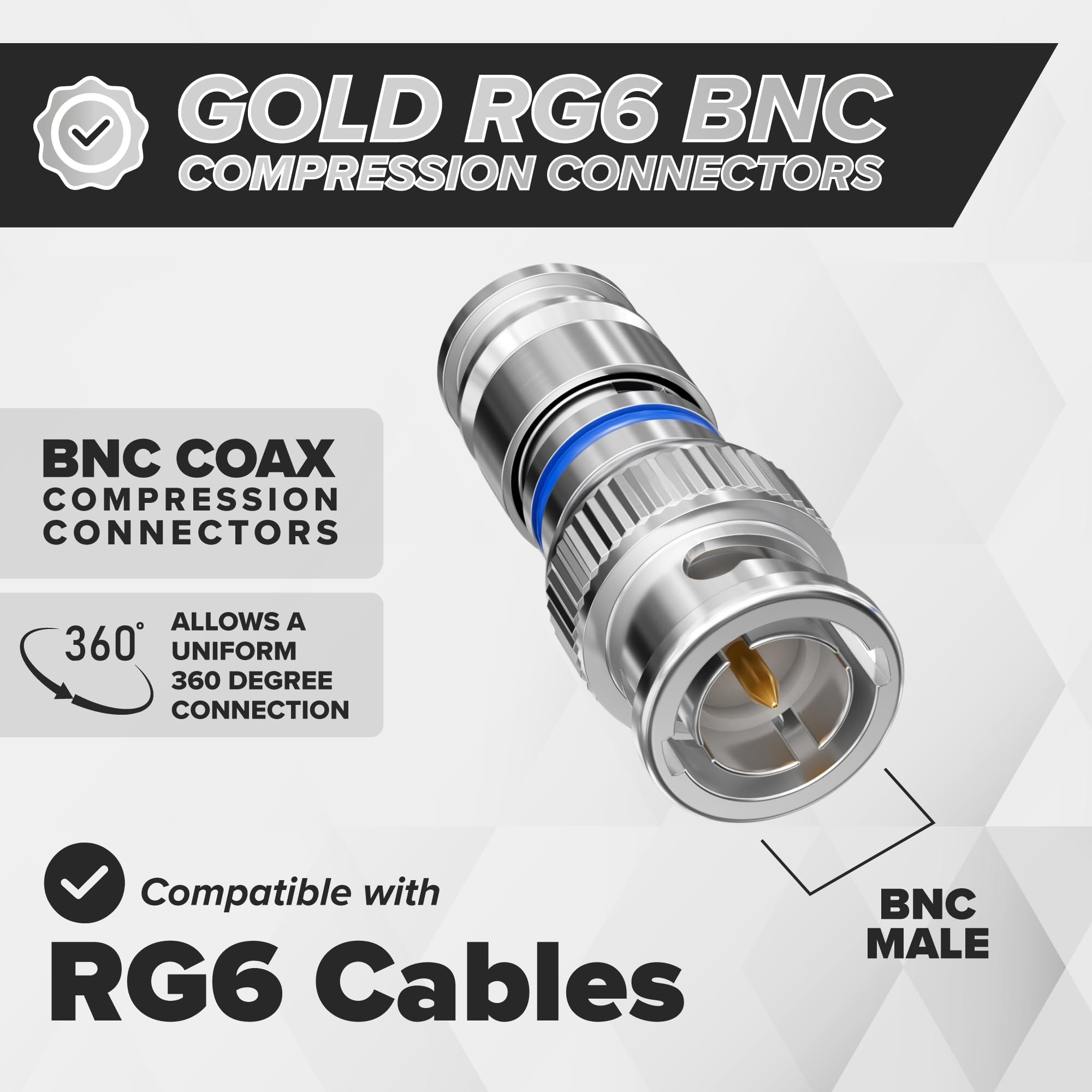 THE CIMPLE CO BNC-Kompressionsstecker für RG6-Koaxialkabel – RG6-BNC-Stecker für Überwachungskameras, CCTV, SDI, HD-SDI – Koaxialkabelenden, 100 Stück