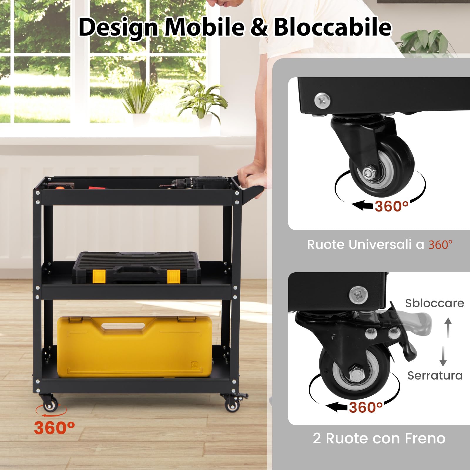 GYMAX Carrello Multiuso Robusto a 3 Ripiani con Maniglia Comoda, Ruote Bloccabili per Magazzino, Garage, Cucina, Officina (Nero)