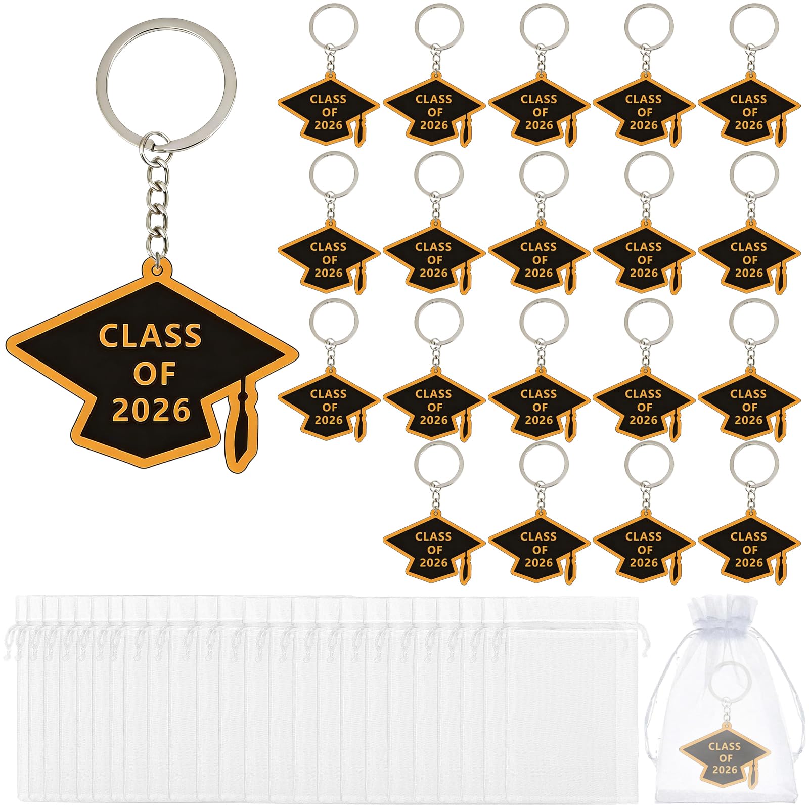 YenMzx Class of 2026 Gifts, 48 PCS graduation gifts with 24 School Leaver Doctoral Cap Keyring and 24 Organza Bags, Class of 2026 End of Term Wooden Keyring Token Favor Teacher to Pupil Leaving Gift