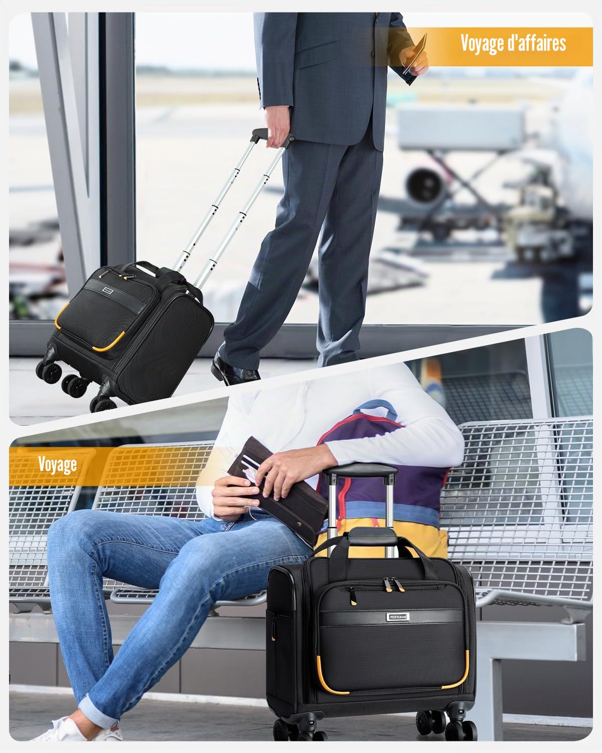 Ponhog Sac à Roulette pour Ordinateur Portable - Mallette à roulettes avec 4 Roues pivotantes - 13" en Nylon 1680D résistant à l'eau - pour Homme et Femme - pour Le Travail, Les Voyages, Noir