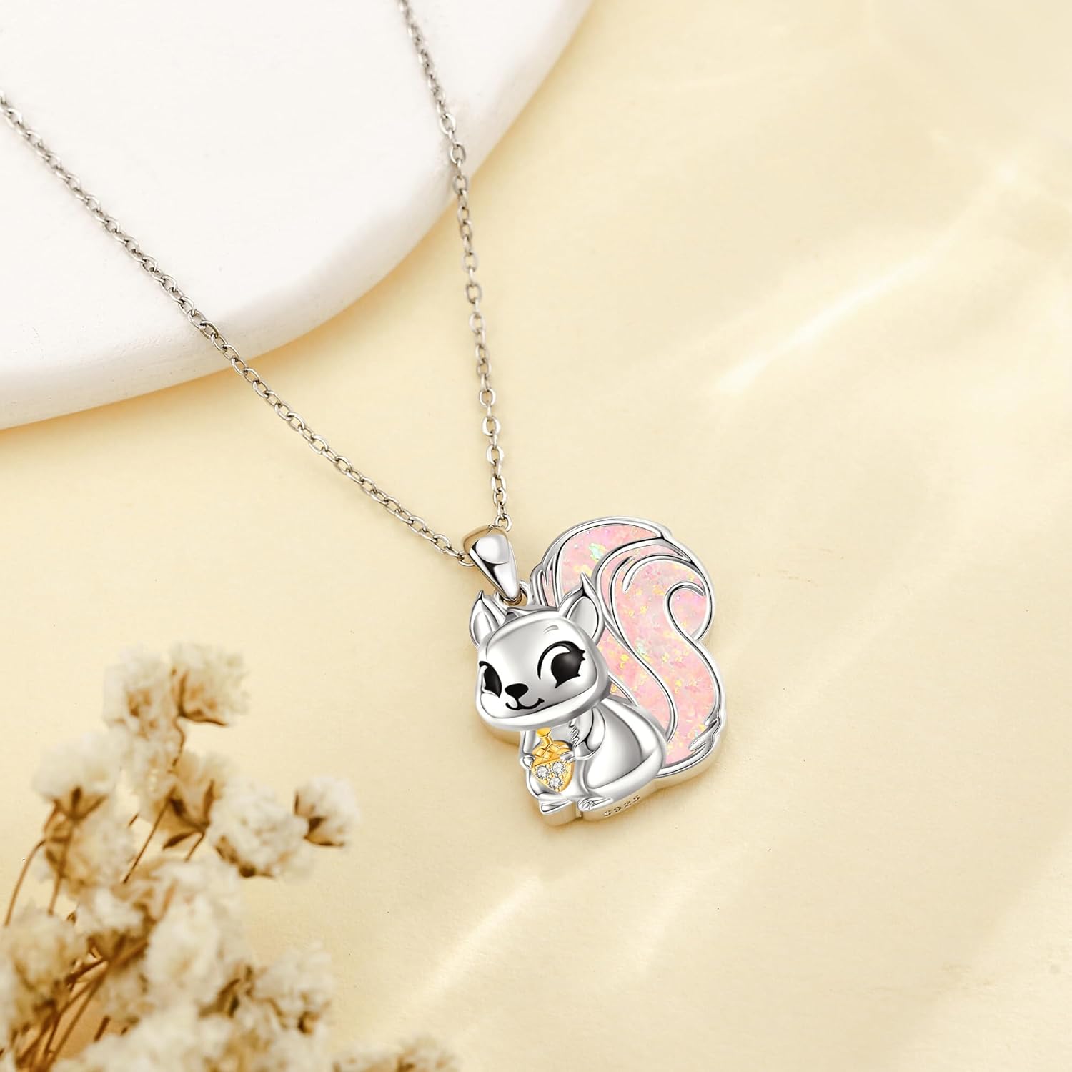 YAFEINI Squirrel Necklace 925 Sterling Silver Opal Squirrel Pendant Necklaces Opal Jewelry for Women Squirrel Lovers Christmas Birthday Gifts (pink opal) - Image 3