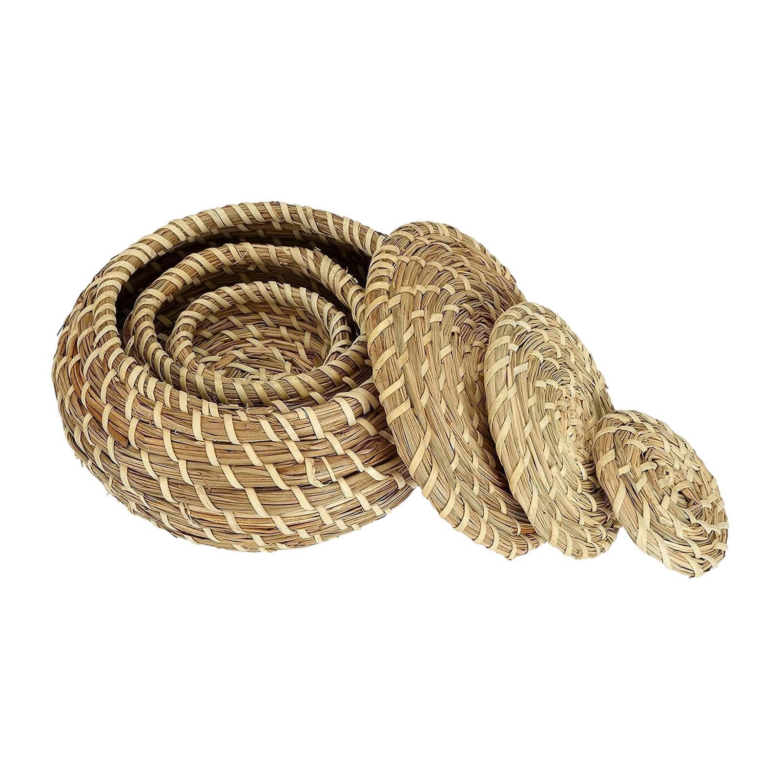 Zambuph Natural Seagrass Round Woven Baskets Stylish Wicker Basket For Organizing Household Items And Accessories Decorative Seagrass Storage Basket For Organizing