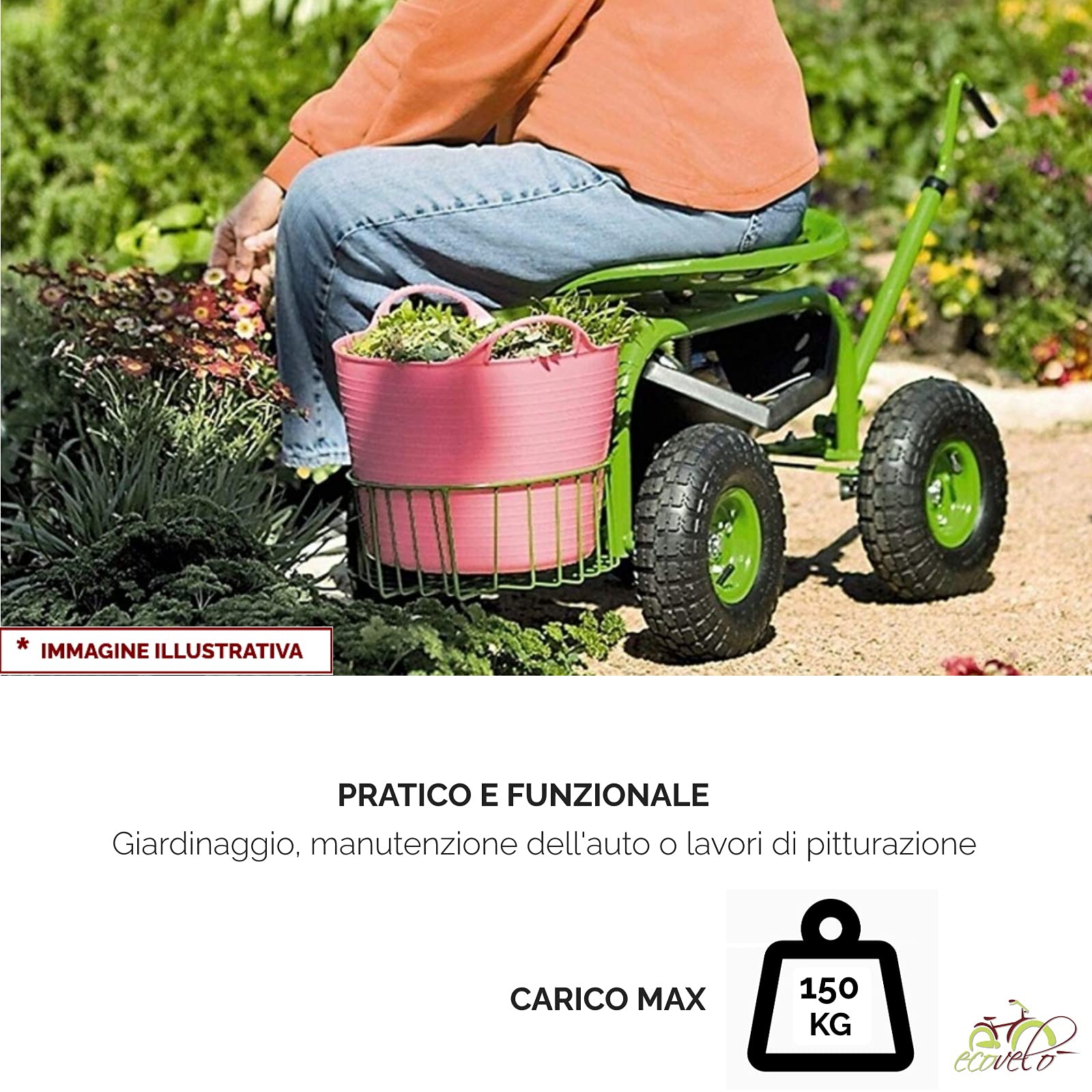 CARRELLO DA GIARDINAGGIO E OFFICINA CON SEDUTA PORTATA MAX 150 KG | SEDIA DA GIARDINO CON 4 RUOTE PNEUMATICHE