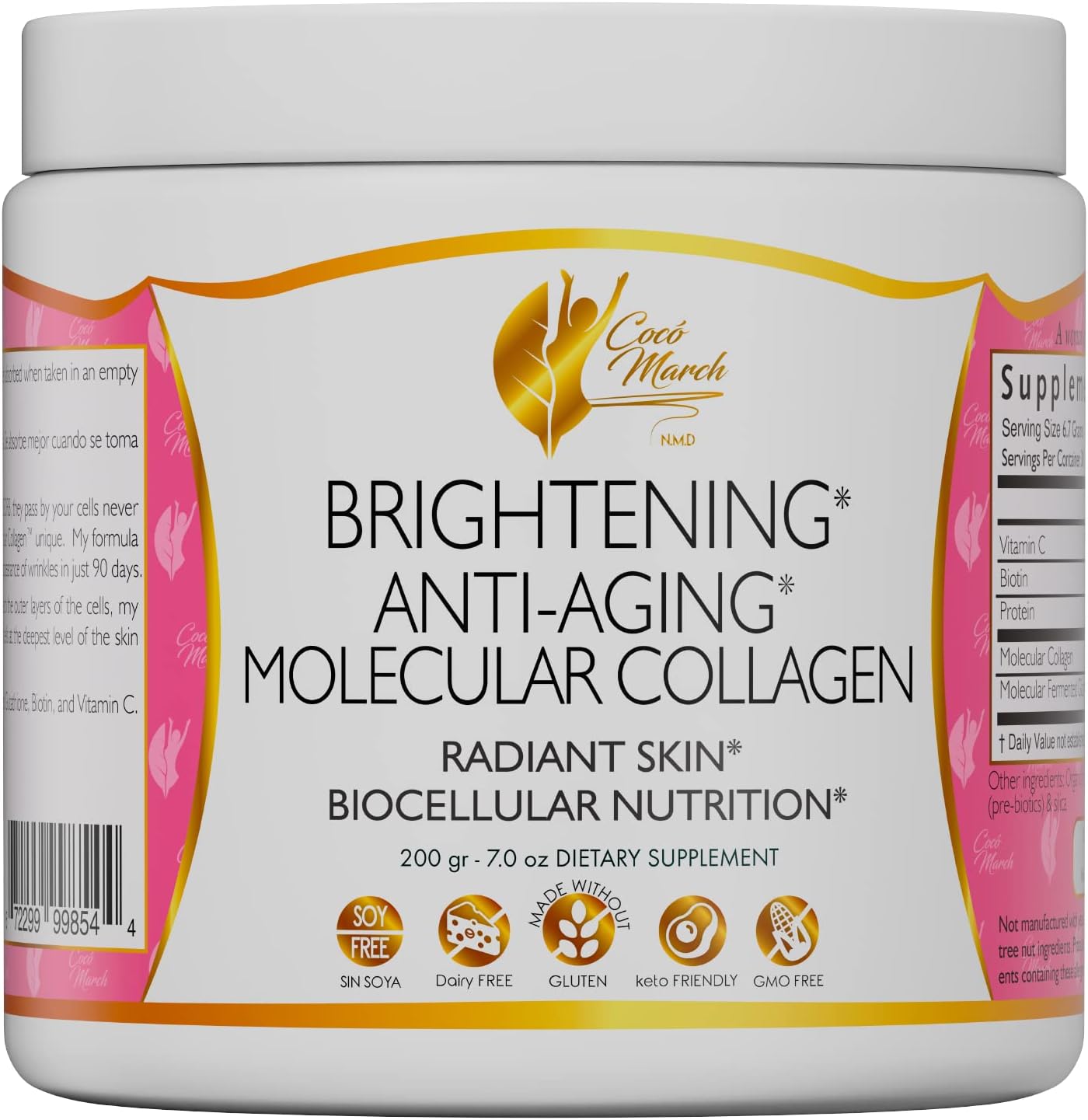 Coco March Brightening Molecular Collagen with Glutathione, Radiant Skin, Biocellular Nutrition, Anti-Aging, Free from: Gluten, Soy, Dairy, GMOs, Keto Friendly - 7 oz