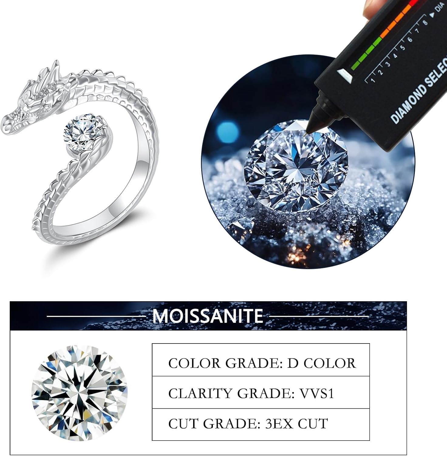 Dragon Ring Sterling Silver 0.5 Carat Moissanite Jewelry Gifts for Women Men