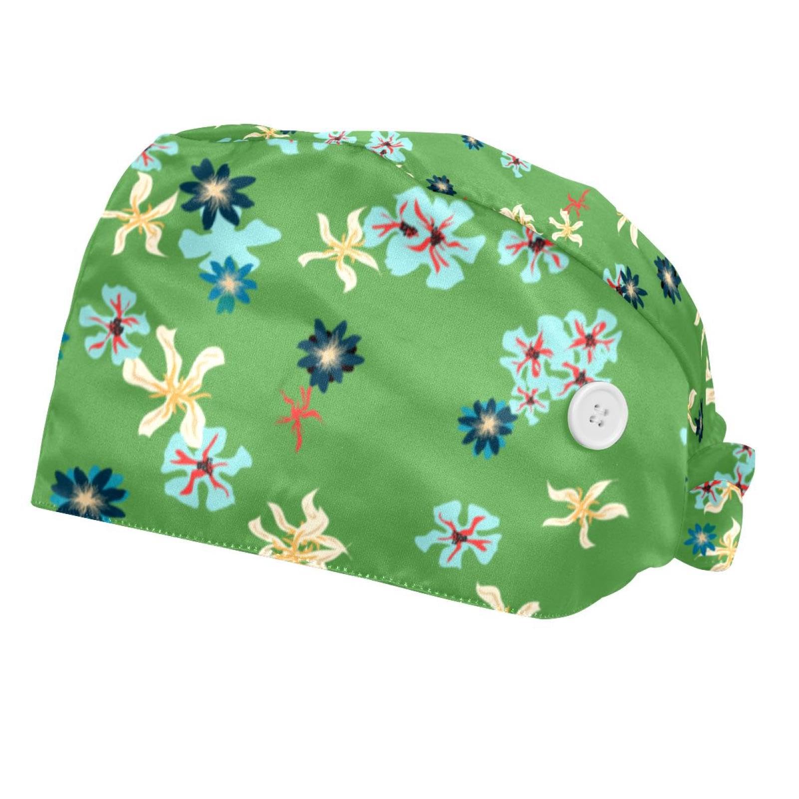 Blue Small Flower 2 Pcs Unisex Working Cap with Button Sweatband Adjustable Tie Back Bouffant Hats