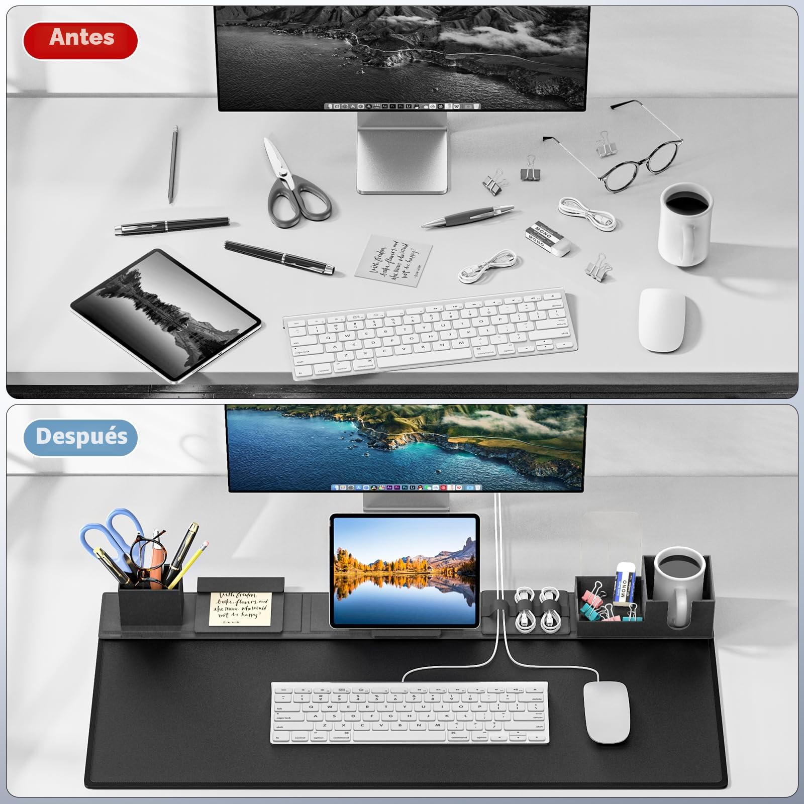 KDD 6 en 1 Alfombrilla Escritorio XXL Set, Tapete Escritorio & Alfombrilla Ratón Gaming con Organizador Escritorio Magnéticos DIY para Soporte Tableta/Portavasos/Tarjetero/Portabolígrafos(80X35.5cm)