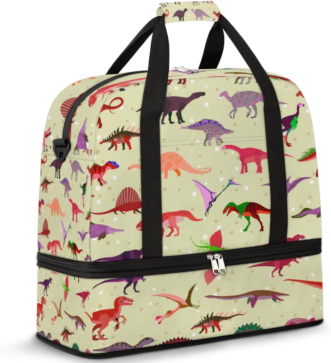 QsirBC Animals Dinosaur Design Gym Bag for Women Duffle Tote with Shoes Compartment Men Weekender Duffel for Dance Travel Sports Swimming Overnight