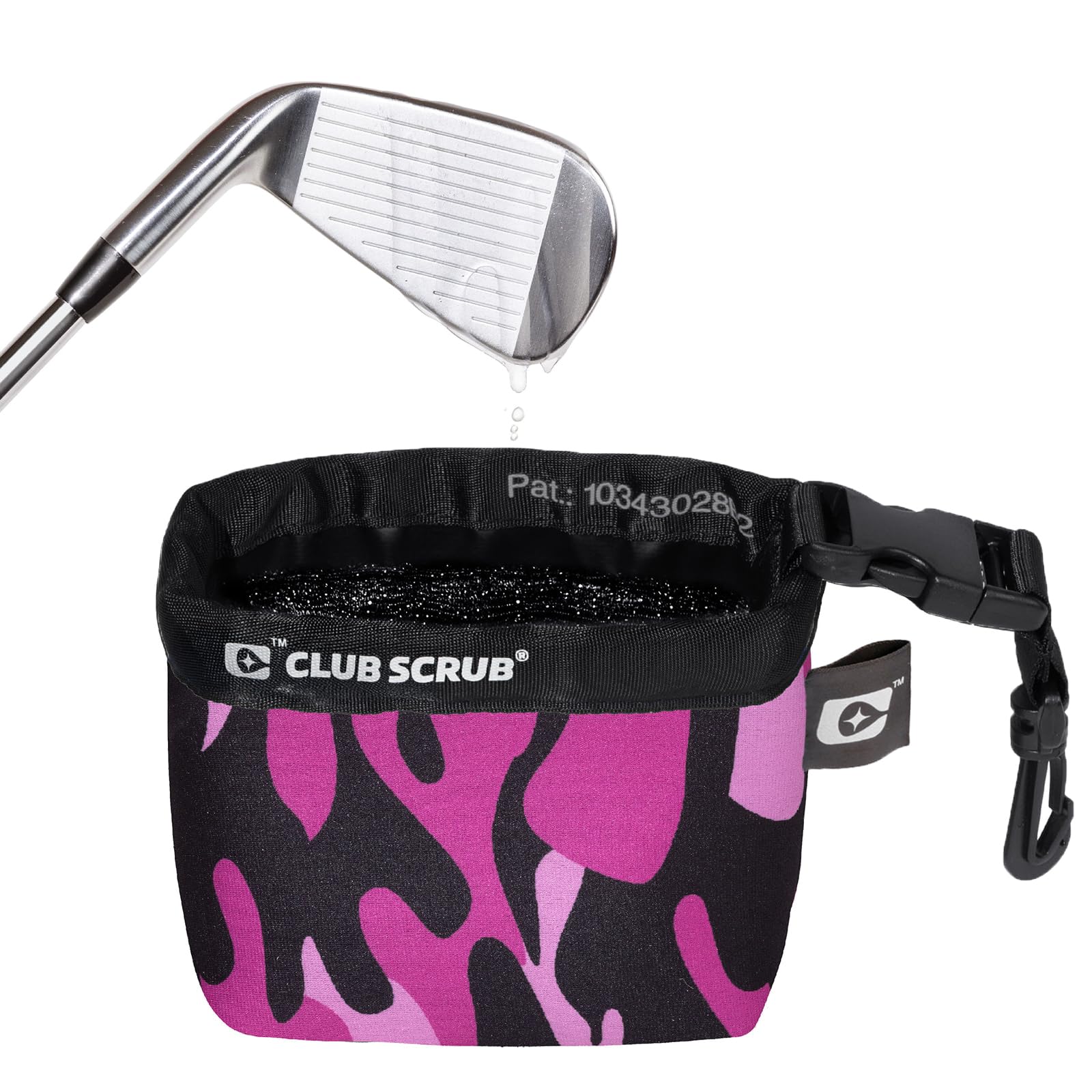 Club Scrub Pink Camo Golf Club and Golf Ball Cleaning Bag, Waterproof Liner, Neoprene Exterior, Detachable Clip, Machine Washable, Cleans Club Grooves