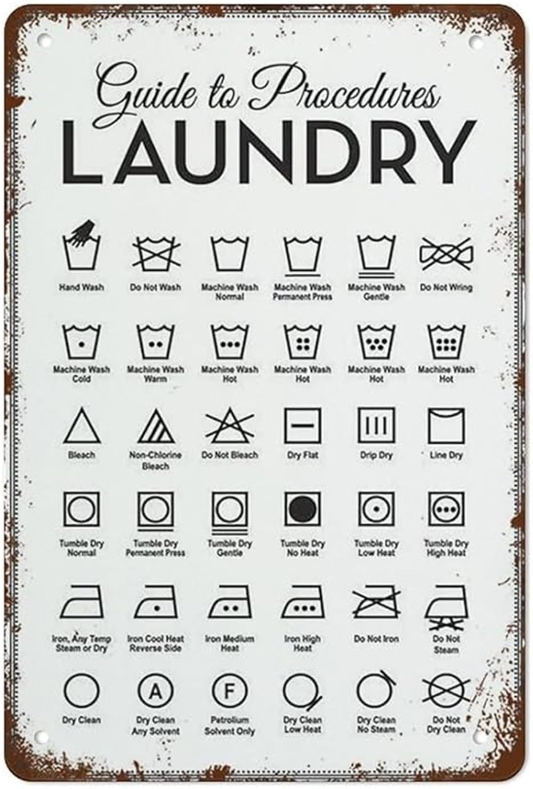 PKNVKZIDK Retro Tin Sign Laundry Symbols Guide Chart Vintage Metal Plaque For Home Bar Cafe Wall Decor Laundry Room Reference 8 X 12 in