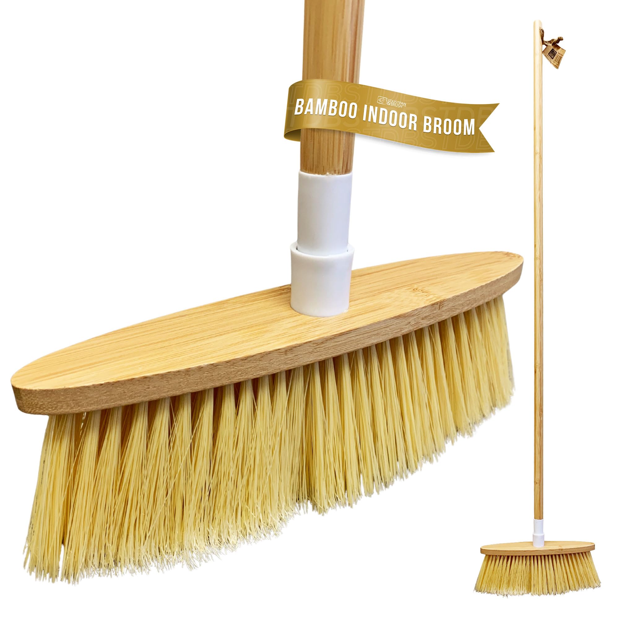Bamboo Broom Indoor Floor Brush – Traditional Sweeping Brush Indoor Broom Made from Natural Broom Handle and Head Stock, Sustainable Bamboo Wooden Broom for Household Cleaning