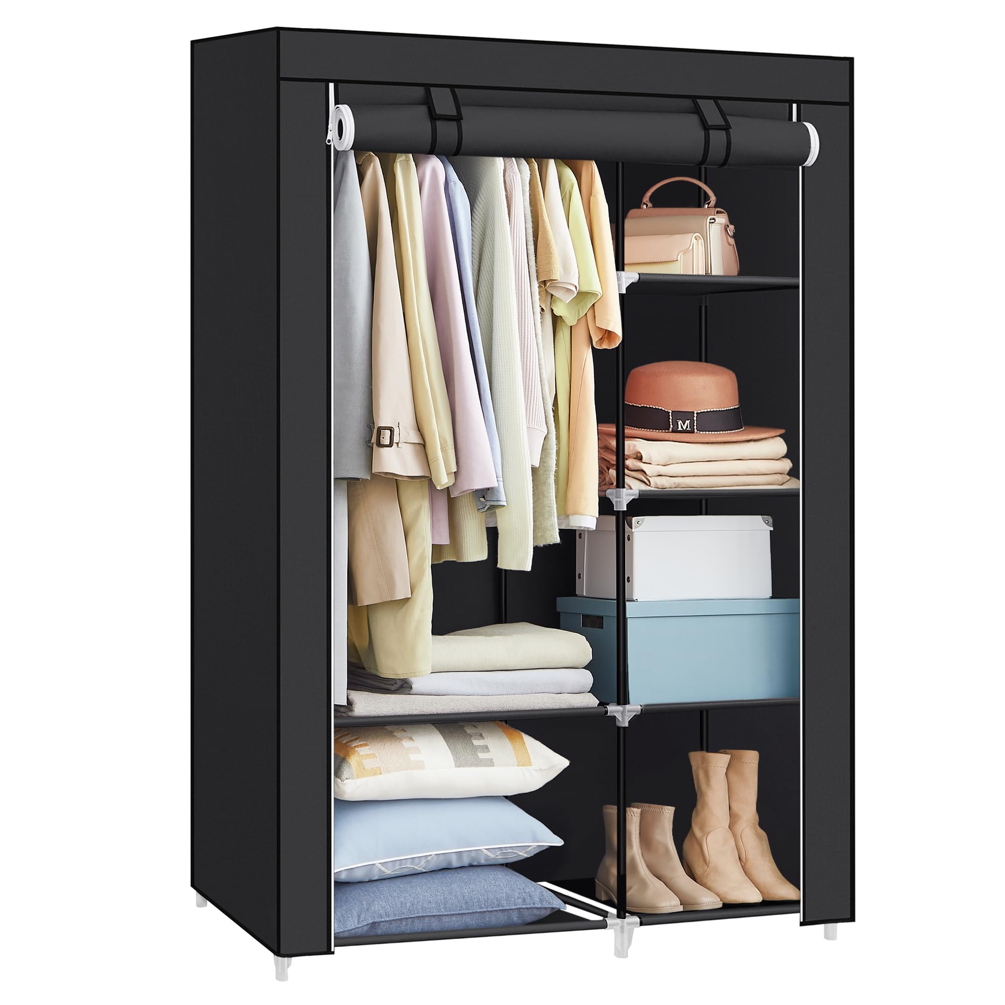 SONGMICS Fabric Wardrobe, Clothes Storage Organiser, 6 Shelves, 1 Hanging Rail, Non-Woven Fabric, Metal Frame, 45 x 105 x 168 cm, for Bedroom, Dressing Room, Black RYG085B02