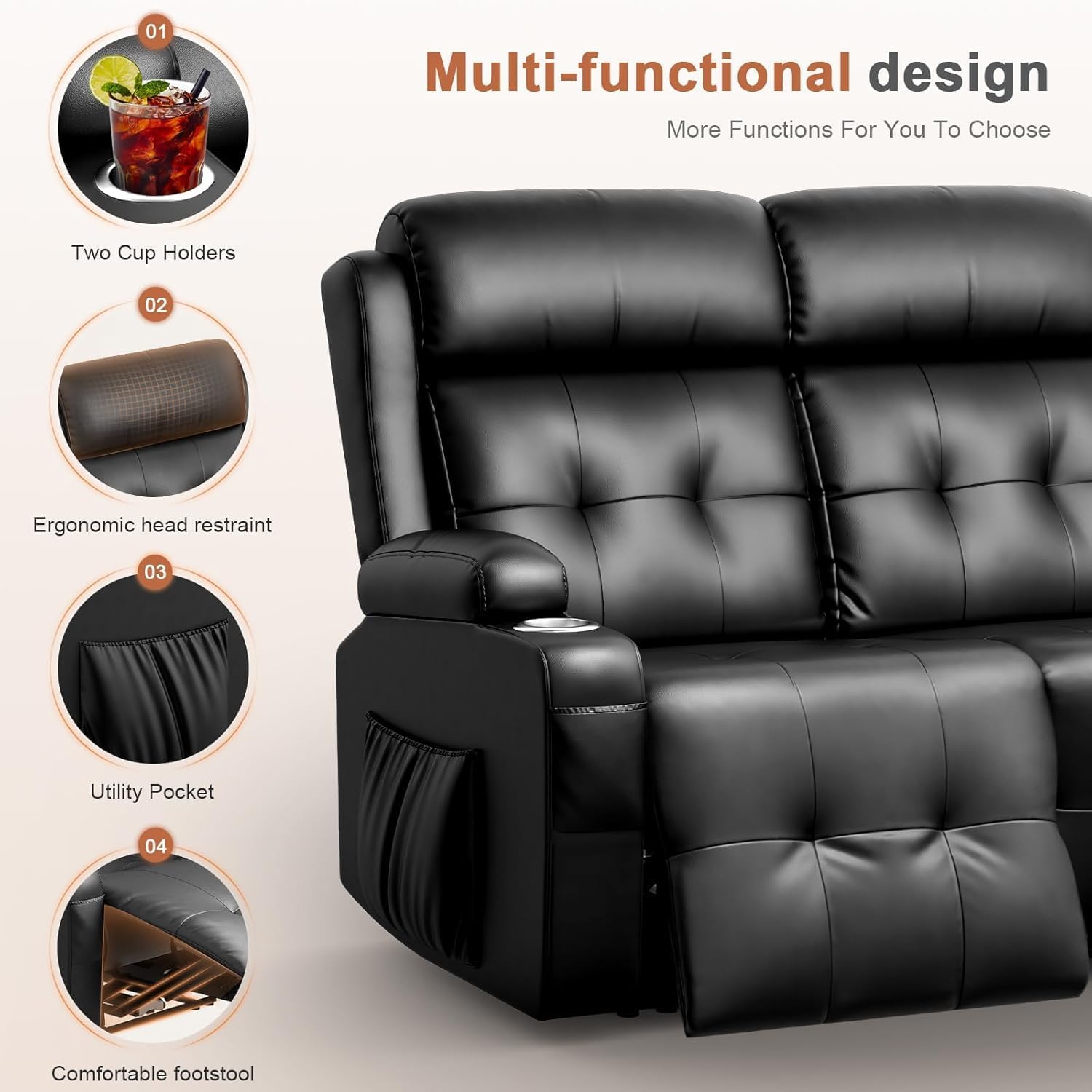 Futon Sofa Bed, 4 Seater Recliner Sofa Home Theater Seating Couch with Massage, RV Wall Hugger Recliners with Cup Holders, Pockets, 150° Reclining Sleeper Sofa for RV Furniture & Living Room