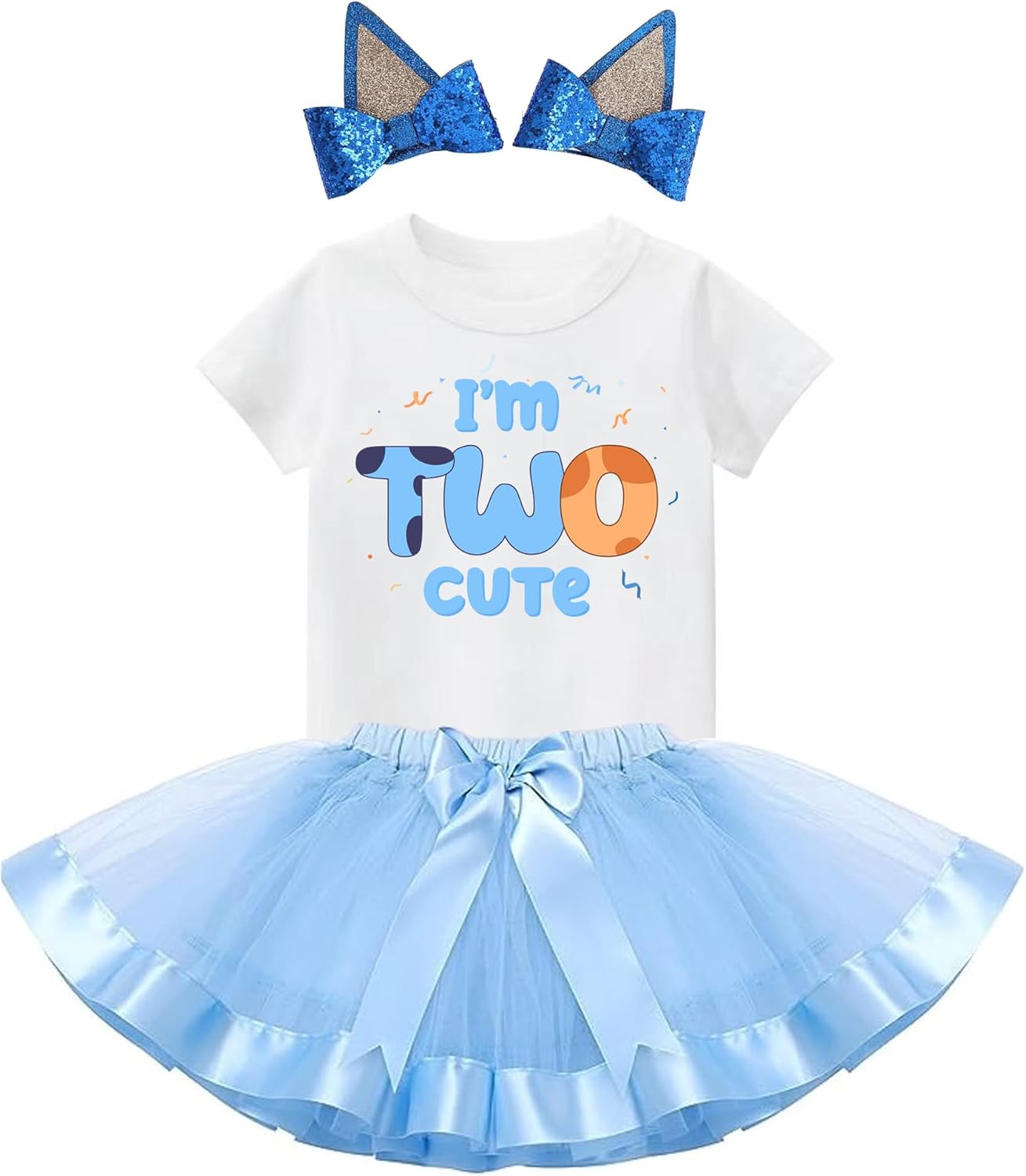 K-Acc 2 Years Outfit for Girls, T-Shirt, Blue Ears, Tutu Dress. 2nd Birthday Outfit, Gifts for Birthday Party