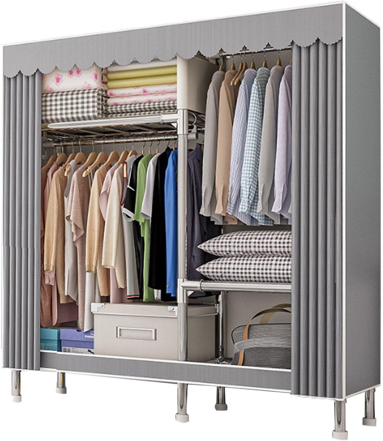 Portable Canvas Wardrobe, Fabric Clothes Closet Storage Organizer with Hanging Rail, Foldable Closet for Clothes, Shoes,106x46x173cm