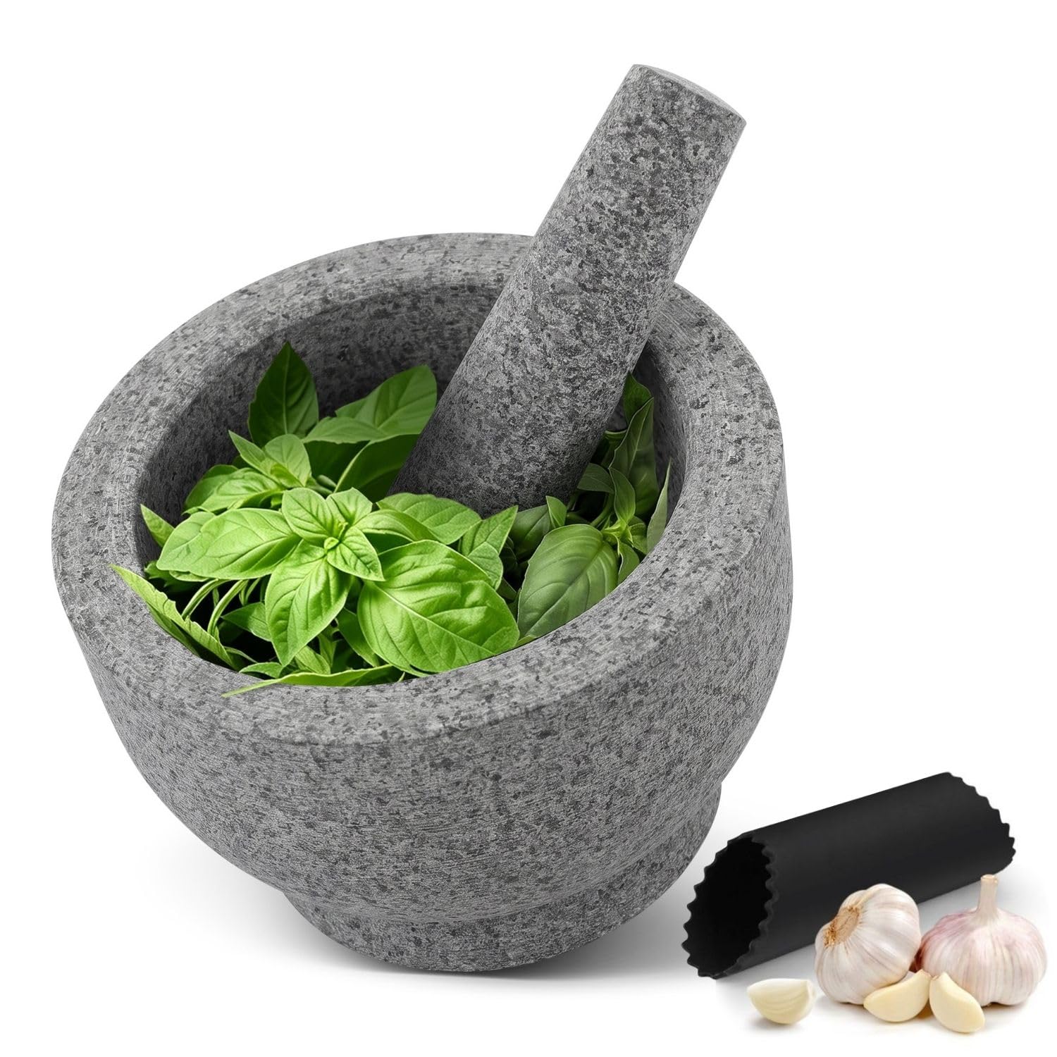 Flexzion Ensemble de mortier et pilon en granit 4 tasses avec éplucheur d'ail et tapis antidérapant pour guacamole, herbes, épices, salsa, gris