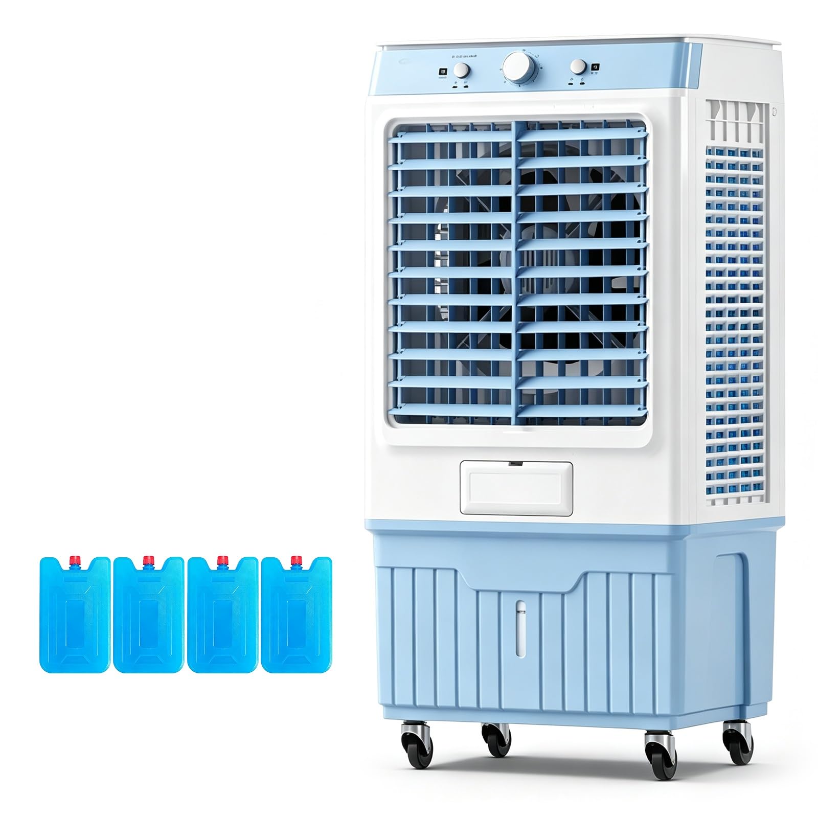 Enfriador de Aire Evaporativo Climatizador Portátil Gran Tanque de Agua | Cuerpo de Plástico, 220W, Doble Tanque de Agua, 4 Cajas de Hielo, 4 Ruedas Giratorias, Azul