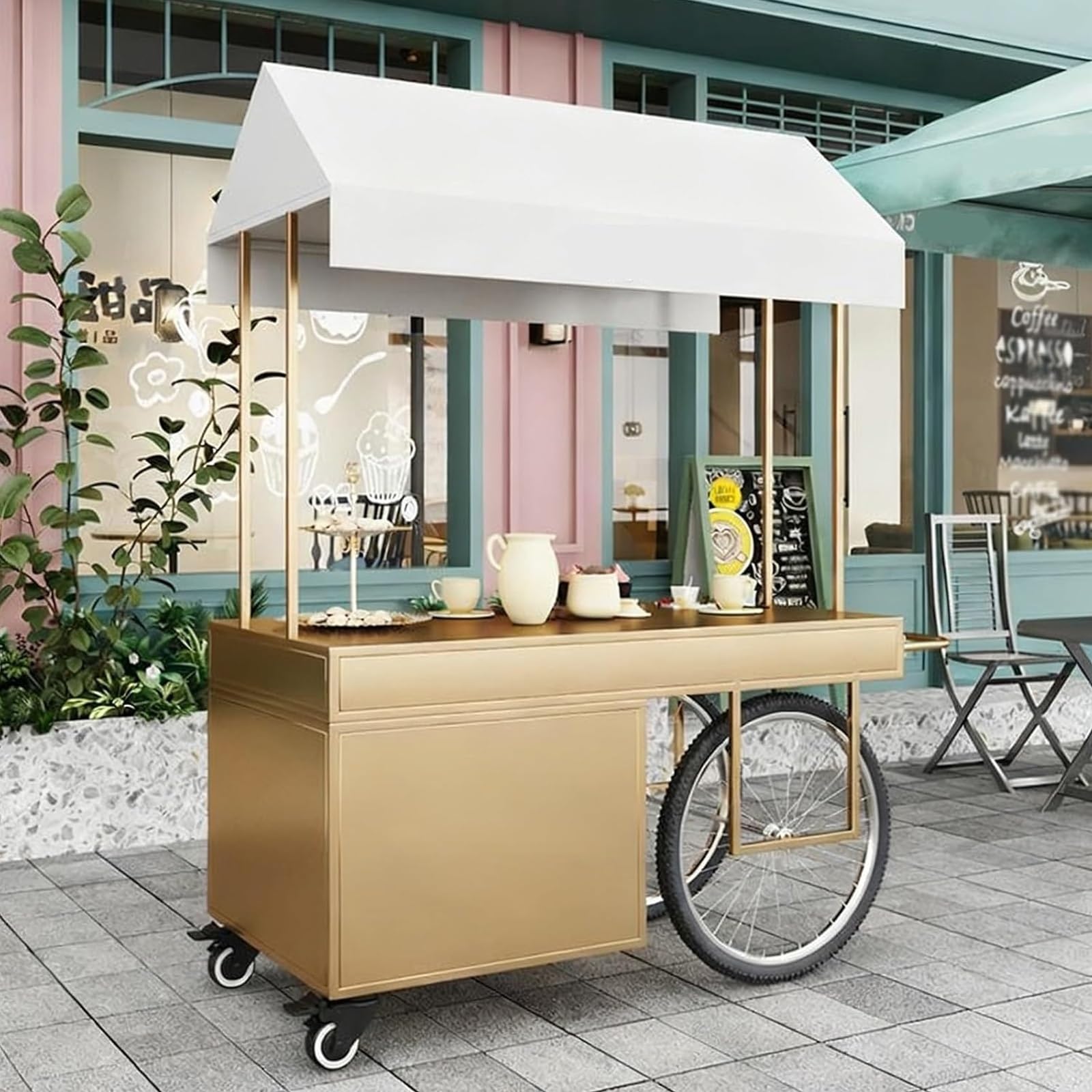 HARELA Carrito de Comida callejera con Ruedas, Genérico Puesto de Mercado con Toldo, Carro de Venta Ambulante para Perritos Calientes/Salchichas/Pan(Gold,120cm/47.2in)