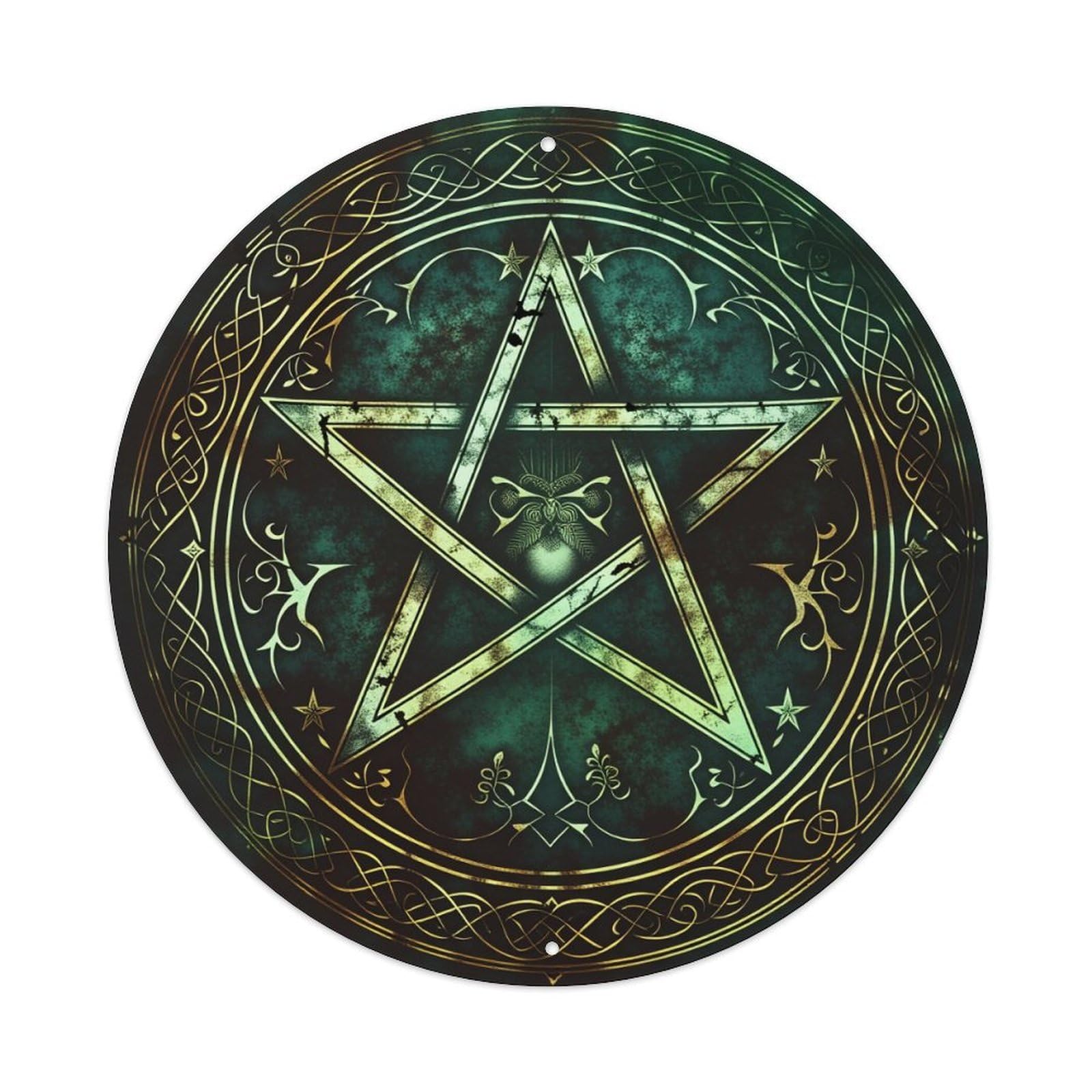 Pentagram Symbol With Intricate Celtic Knots And Stars Round Vintage Tin Sign,Retro Wall Art,Metal Poster for Home, Bar, Garage, Cafe, Rustic Indoor & Outdoor Decor, 8x8 Inches