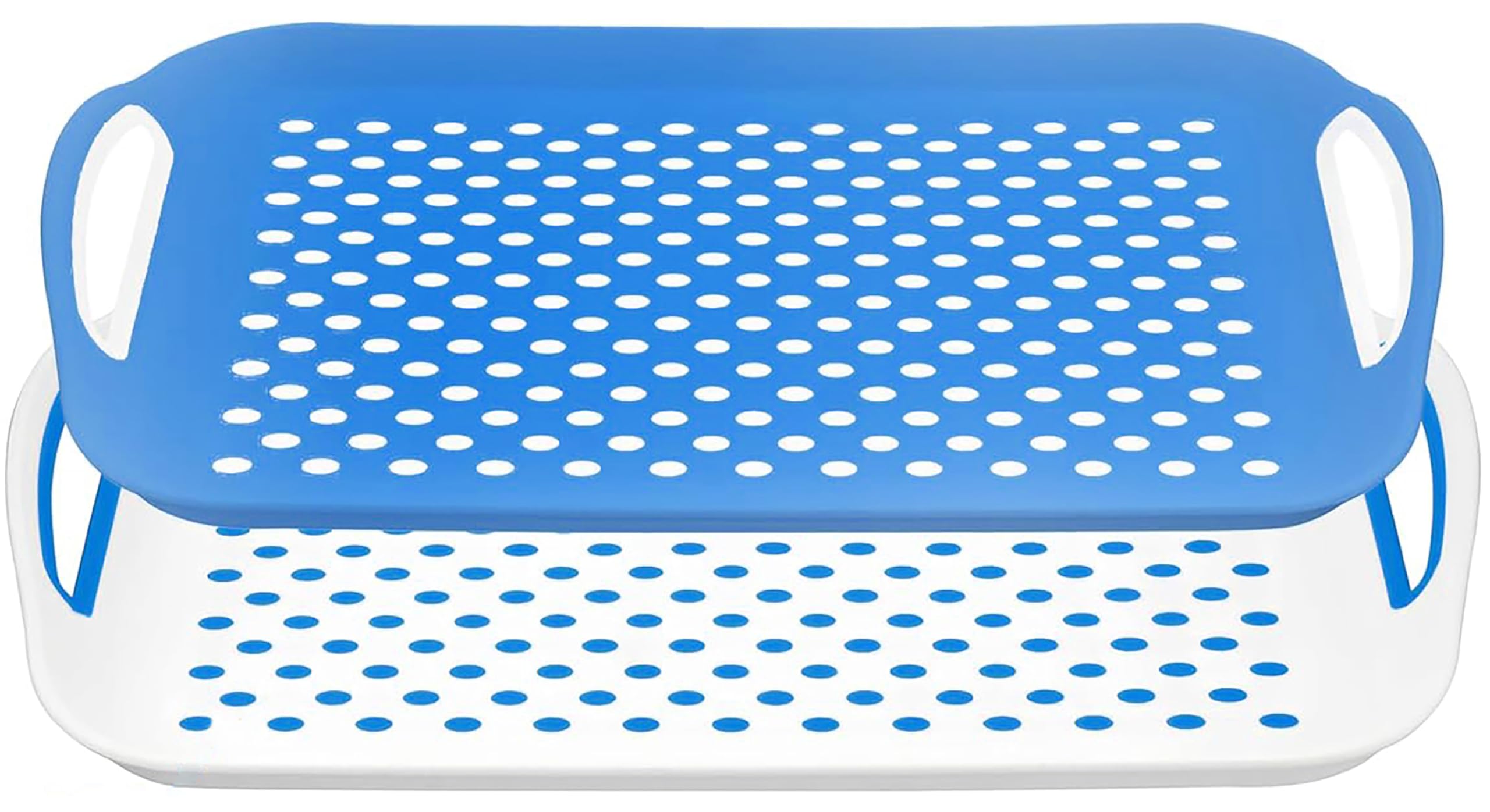 PRADICHI 2-Pack Non-Slip Serving Trays with Rubber Grip Surface and Easy-Grip Handles – Rectangular Plastic Food & Drink Tray – 40.5 x 28.5 cm (Blue & White)