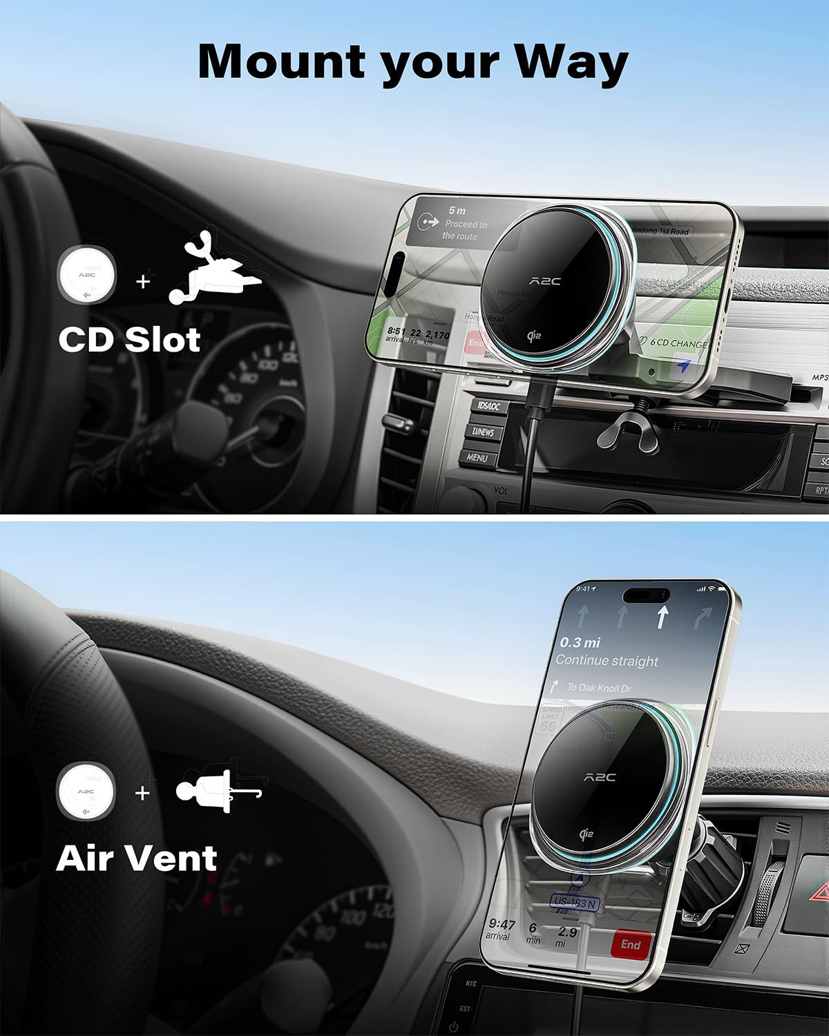 A2C Qi2 - Cargador inalámbrico de coche de 15 W, soporte de CD para MagSafe, cargador inalámbrico magnético para ventilación de coche, ranura para CD con chip de refrigeración semiconductor, carga