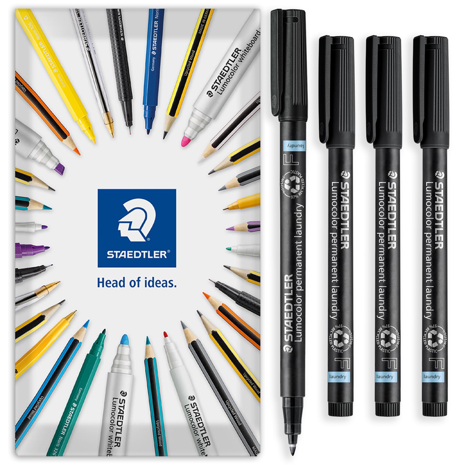 STAEDTLER Lumocolor Laundry Marker Pen - Permanent Fabric Textile Markers Fine 0.6mm Tip Pens - Black Ink - in Envelope Gift Packaging (Pack of 4)