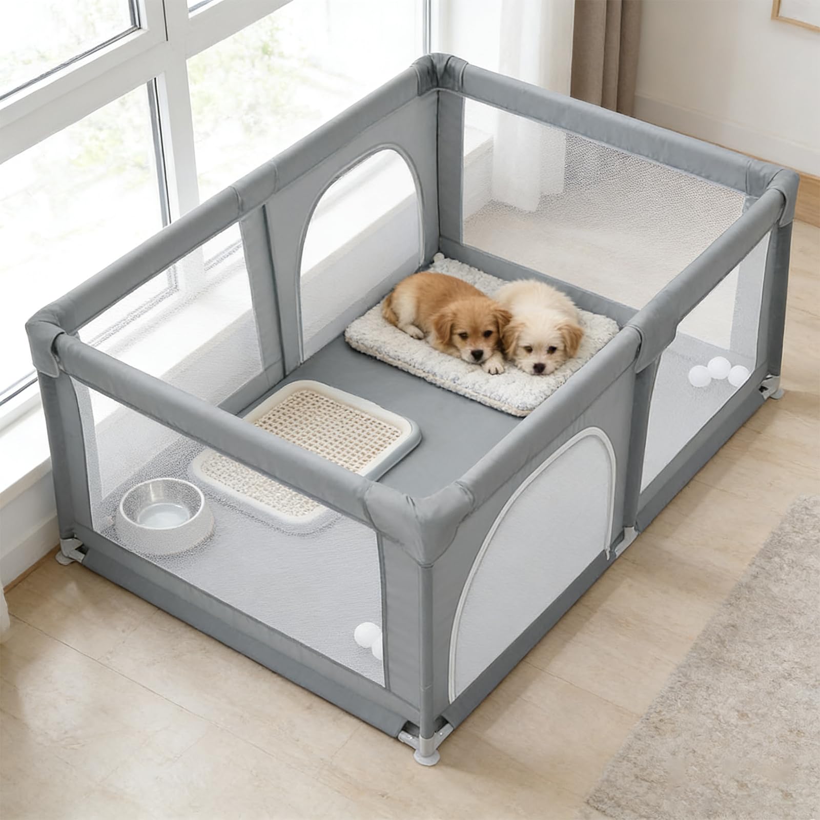 Parc pour Chiens et Chiots avec Porte et Ventouses en TPR, Enclos Intérieur en Tissu Oxford et Filet Nylon, pour Petits et Moyens Animaux (Gris foncé, 180x120 cm)