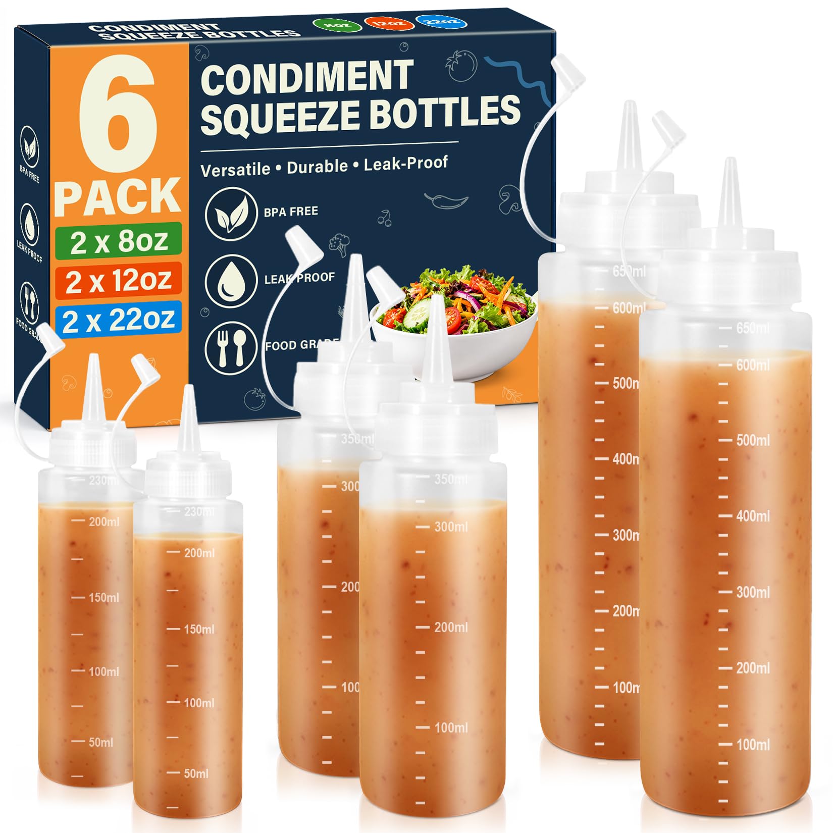 6 Pack Squeeze Bottles for Sauces, 8&amp;12&amp;22 oz Ketchup Bottles Squeeze