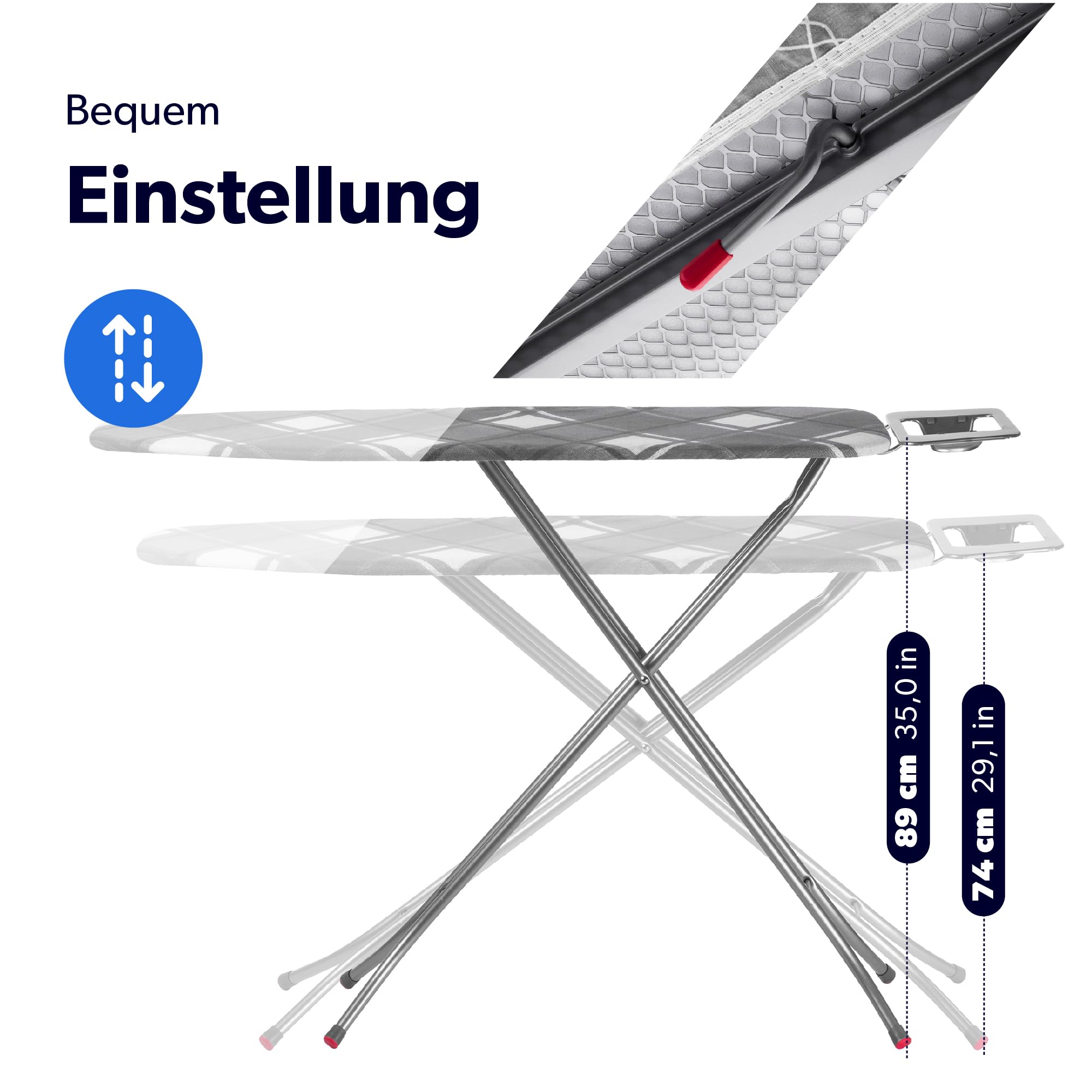 KADAX Bügelbrett groß 114x34cm - Stabiler Bügeltisch für Dampfbügelstation, klappbar, höhenverstellbar, mit Metallgitter & Bügeleisenablage, Made in EU