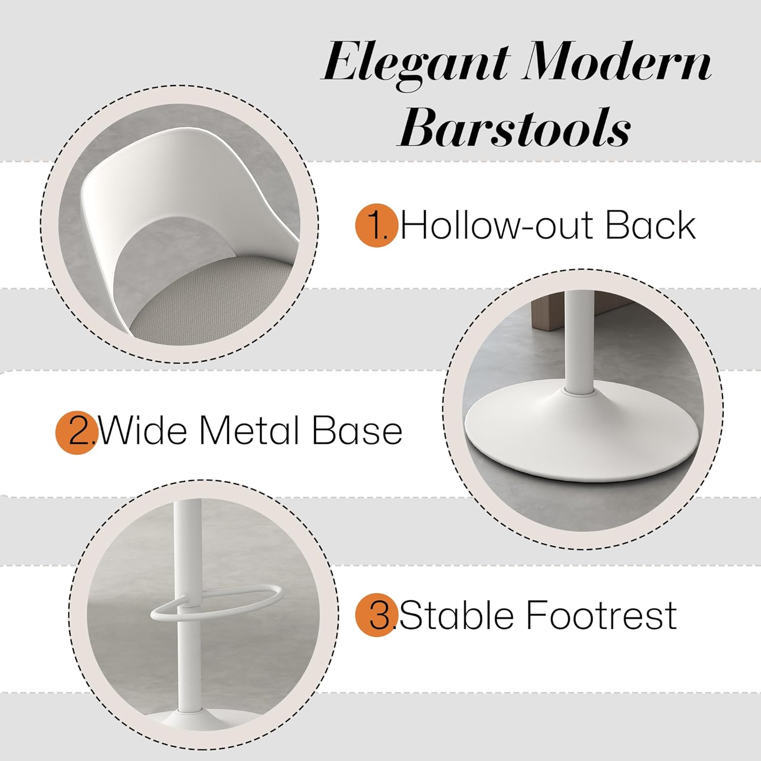 HENGJIANYI Modern Barstools Set of 3, Height Adjustable Swivel Counter Bar Stool with Hollowed-Out White Back, Upholstered Bar Chair with White Metal Base Footrest, Gray Seat