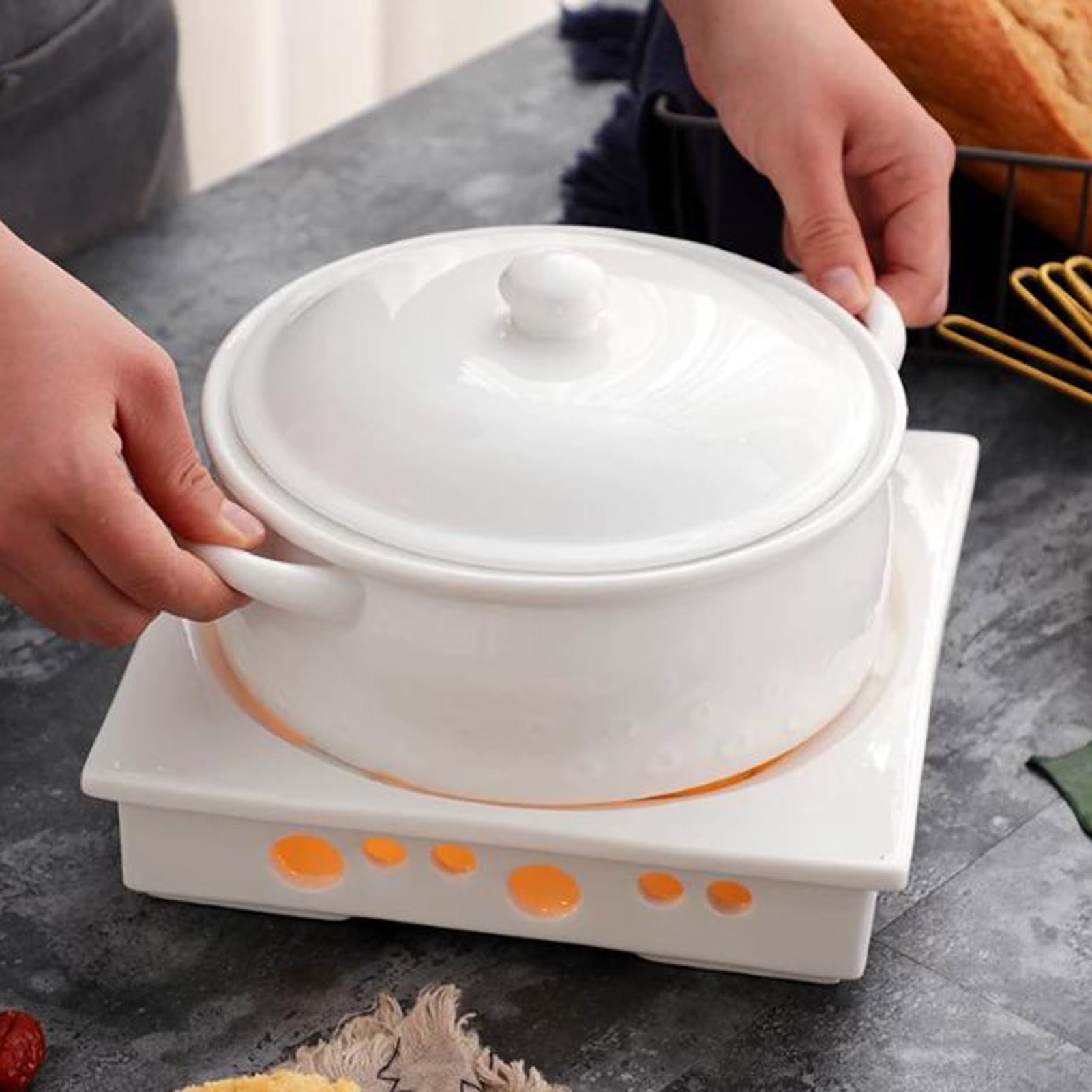 Zuppiera grande in ceramica con coperchio, ciotola a doppia maniglia, decorazione per la casa per la cucina del ristorante