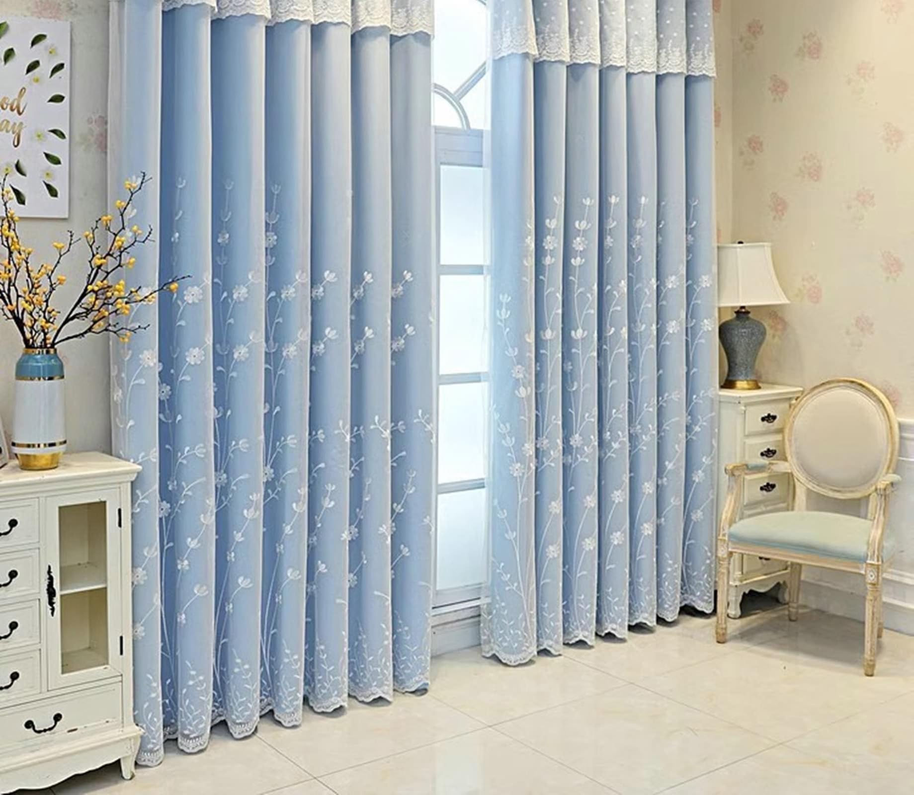 Verdunklungsvorhänge Kurz Zweilagig, Blickdicht Vorhang Wohnzimmer 2er Set Polyester Rosa Voile mit Blätterstickerei mit Haken, 86x138cm
