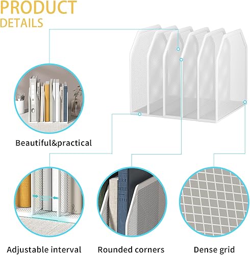 Miniatura 3 de Organizador vertical de archivos para escritorio, soporte de archivos de malla metálica con 5 compartimentos, estante para carpetas de archivos y