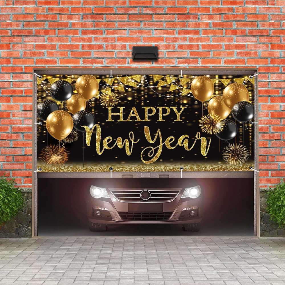 Leowefowa 2025 New Year Garage Door Decorations 13x6ft Backdrop Happy New Year Eve Background Garage Door Covers Black Gold Glitter Balloon Garage Door Banner for Baby Shower Birthday Party