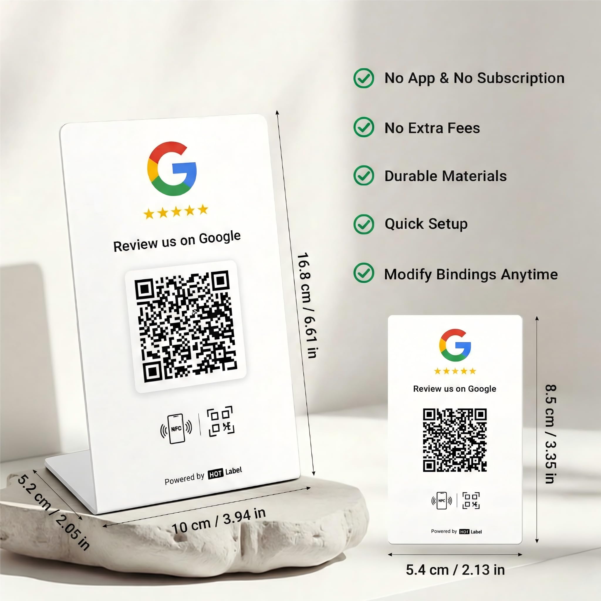 HotLabel Review Stand 1-Pack + Bonus Review Tap Card 1-Pack - White - NFC Tap & QR Code - For Business Review - Supports 2 Different Stores or Same - No App/Subscription