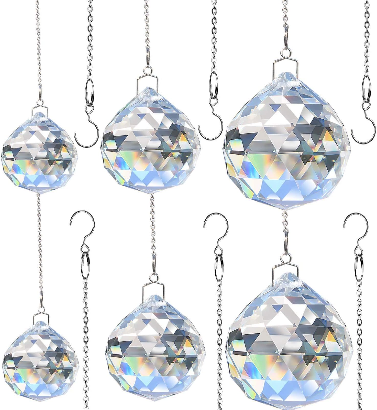 Hisredsun 6pcs Crystal Prism ball with Metal chain, 30-40-50mm K9 Hanging Faceted Prism Balls Window Rainbow Suncatcher Decoration