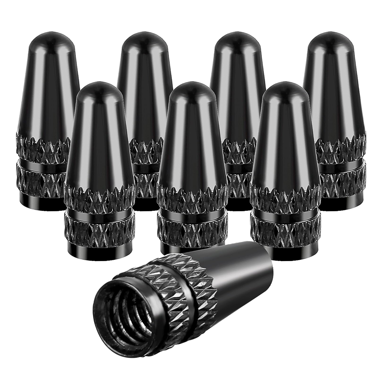 Black Presta Valve Cap, 8 Pack Aluminum Anodized Bike Valve Stem Caps Bicycle Tire Air Dust Stem Covers - Used On Presta/French Valves Bike Tire Caps for MTB Road Racing Bicycle(Rocket Style)