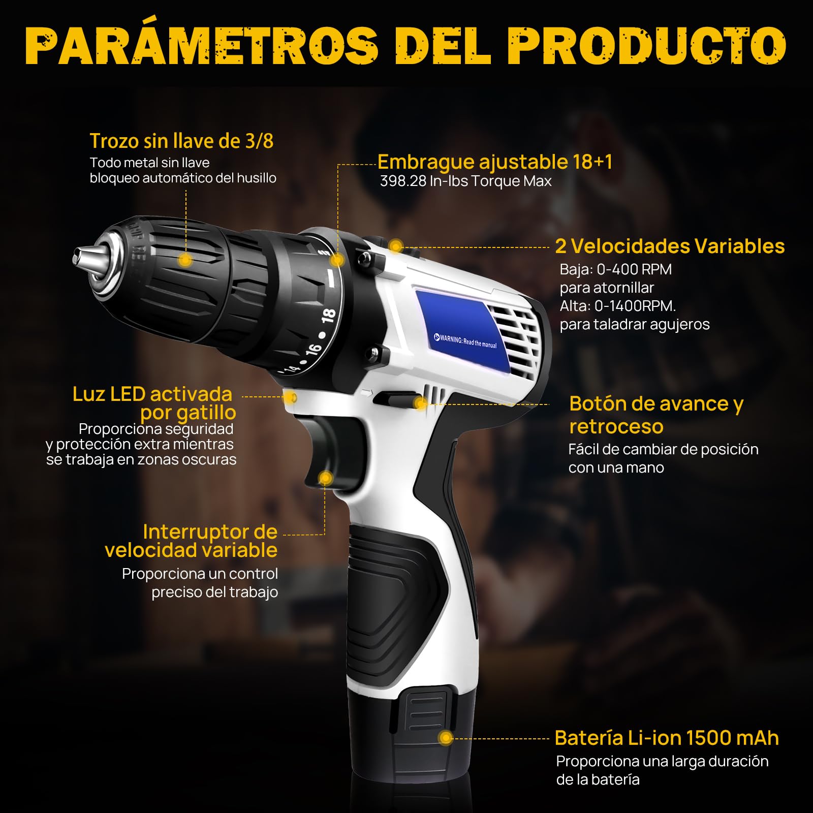 Taladro Inalámbrico 16.8V,Torque Máximo 45 Nm,18+1 Ajustes de Torque,Portabrocas sin Llave 3/8"y Luz LED,Taladro Inalámbrico para Reparaciones en el Hogar y Proyectos de Bricolaje