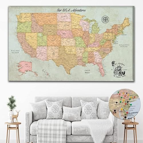 Mapa clásico de Estados Unidos, lienzo personalizado de mapas de Estados Unidos, mapa detallado de Estados Unidos, mapa de viaje de Estados Unidos