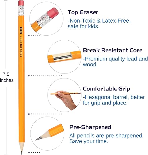 Miniatura 3 de LACCHOUFEE Lápices HB #2 con caja de madera a granel, preafilados con parte superior de borrador, lápices amarillos para dibujo de escritura,