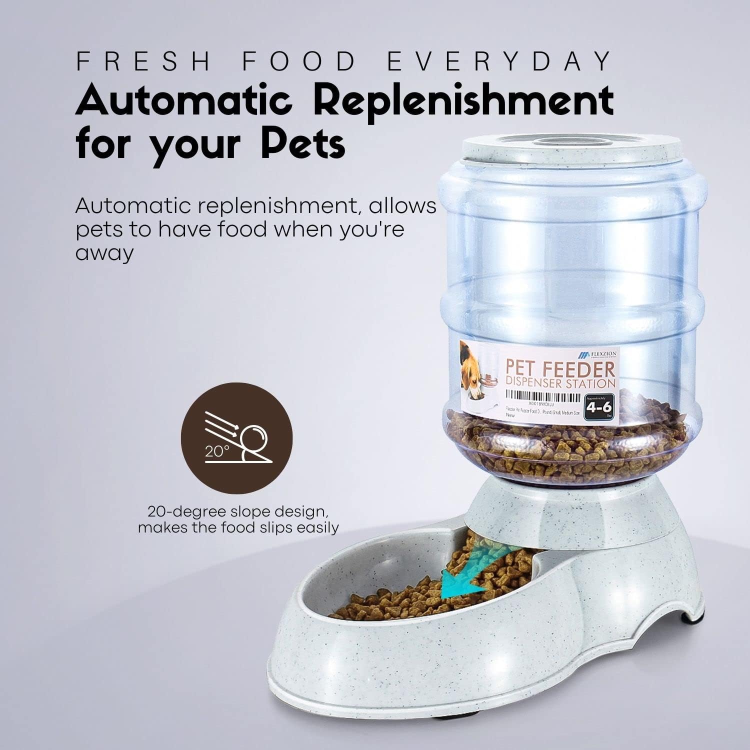 Flexzion Food Dispenser Station, Self Replenish Pet Feeder Automatic Gravity Fed Dry Food Storage Container Bowl with Skidproof Rubber Feet for Dog Cat Animal (4-6 lb)