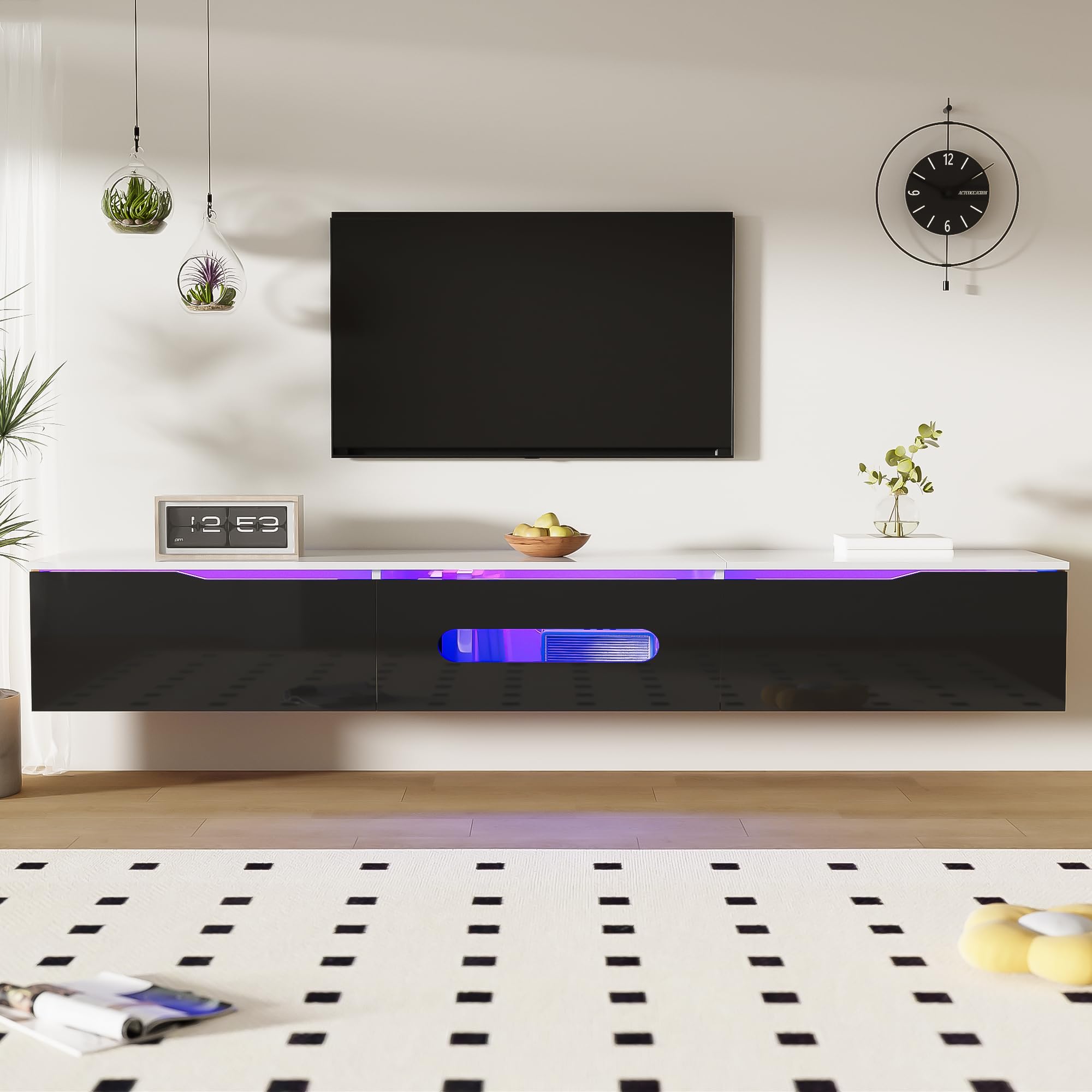Meuble TV 180 cm de Long Surface Brillante avec éclairage LED Montage Mural pour Salon Salle à Manger Table TV lowboard Noir