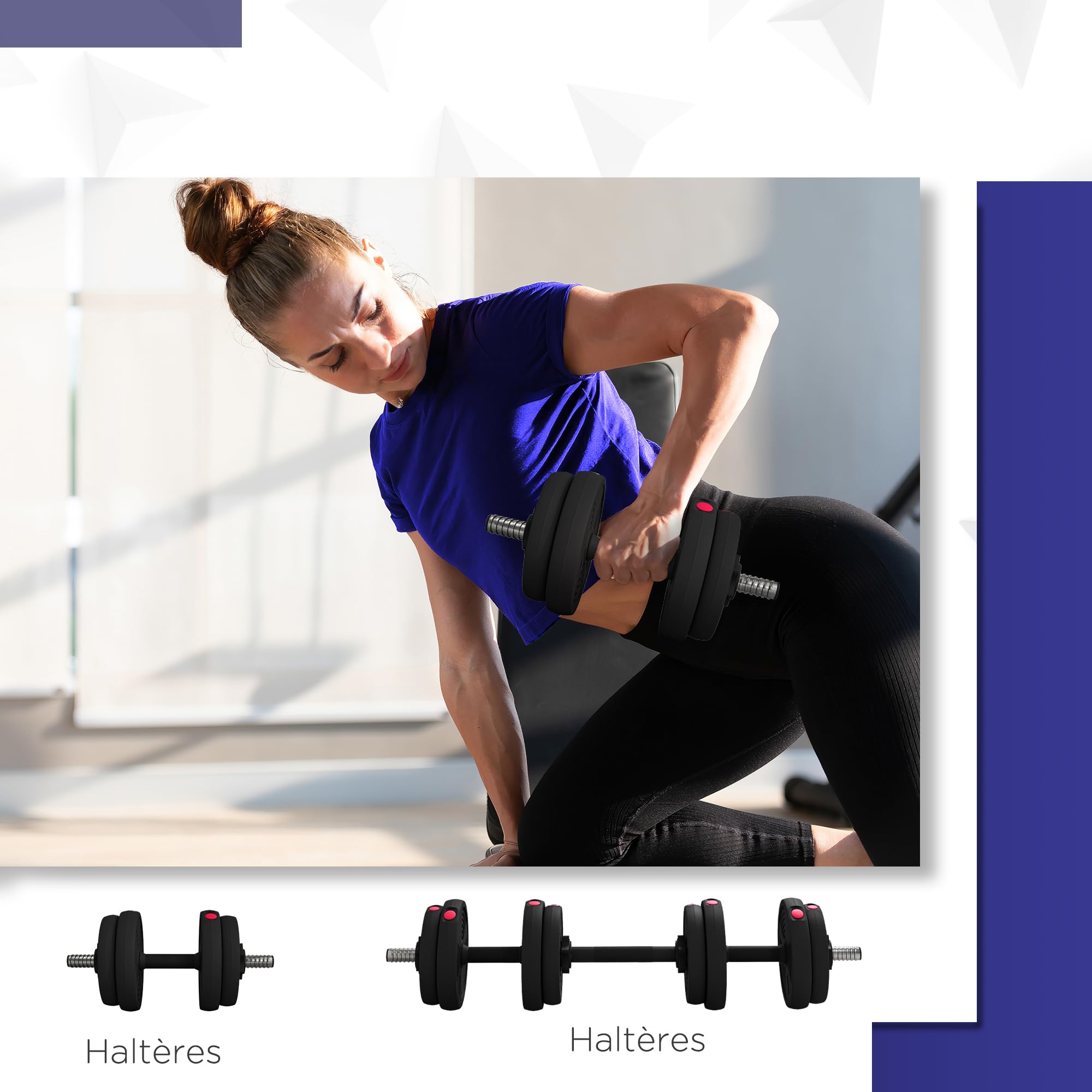 SPORTNOW Haltères 2 en 1 réglables, haltères libres avec poignées antidérapantes, 15KG - Barres incluses - entraînement Musculaire & haltérophilie