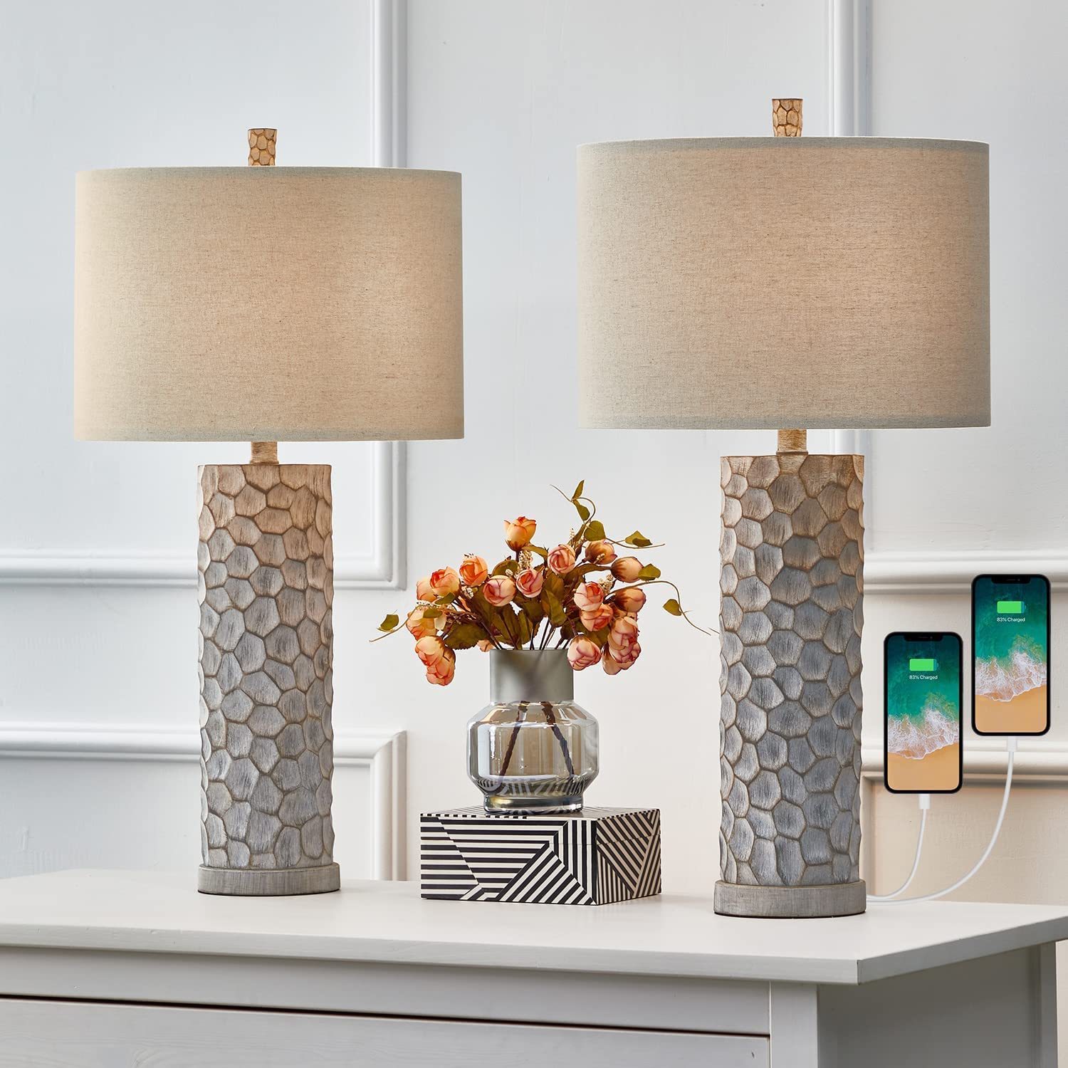 PoKat 27.75'' USB Rustic Farmhouse Table Lamp Sets of 2 for Living Room Traditional Bedroom Bedside Nightstand Lamp with 2 USB Ports Grey