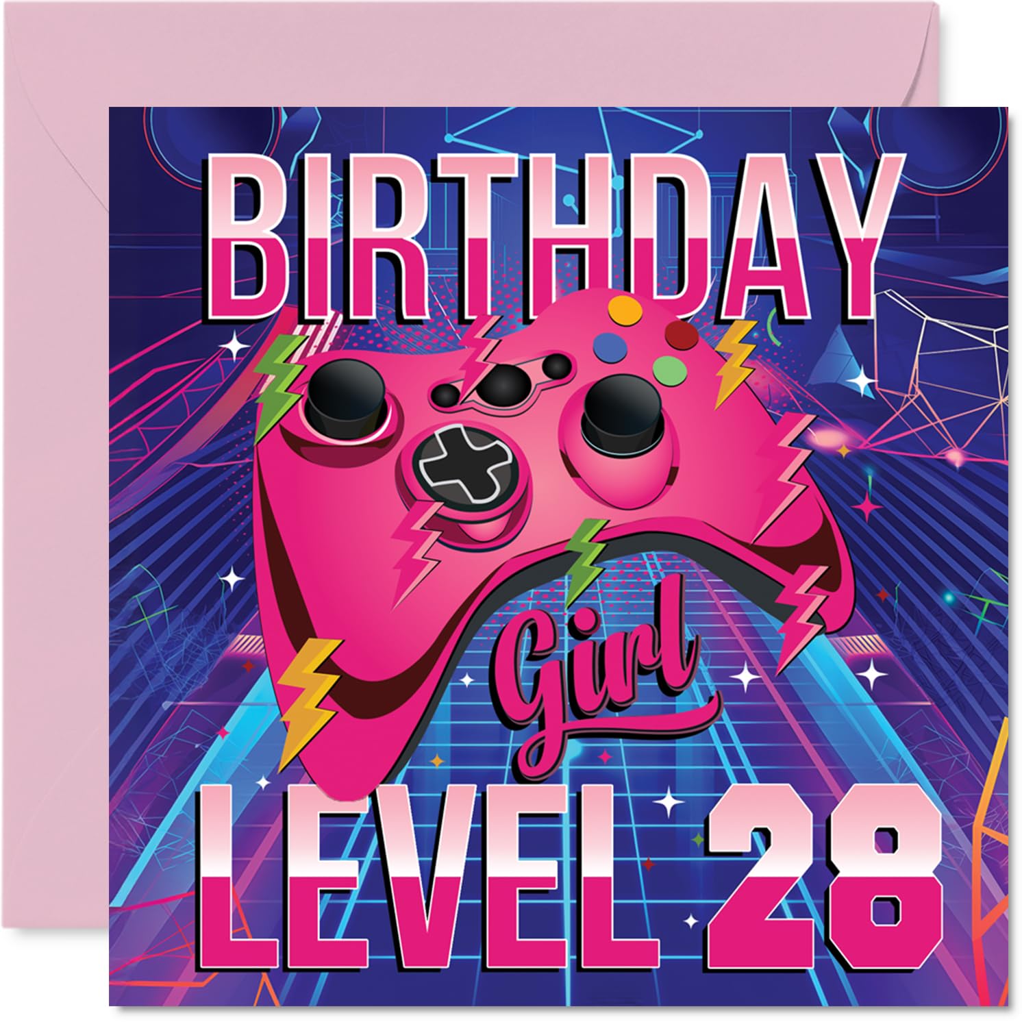 28th Birthday Cards for Women - Gamer Level - Happy Birthday Card for 28 Year Old Woman Cousin Colleague Neighbour Auntie, 145mm Bday Greeting Cards