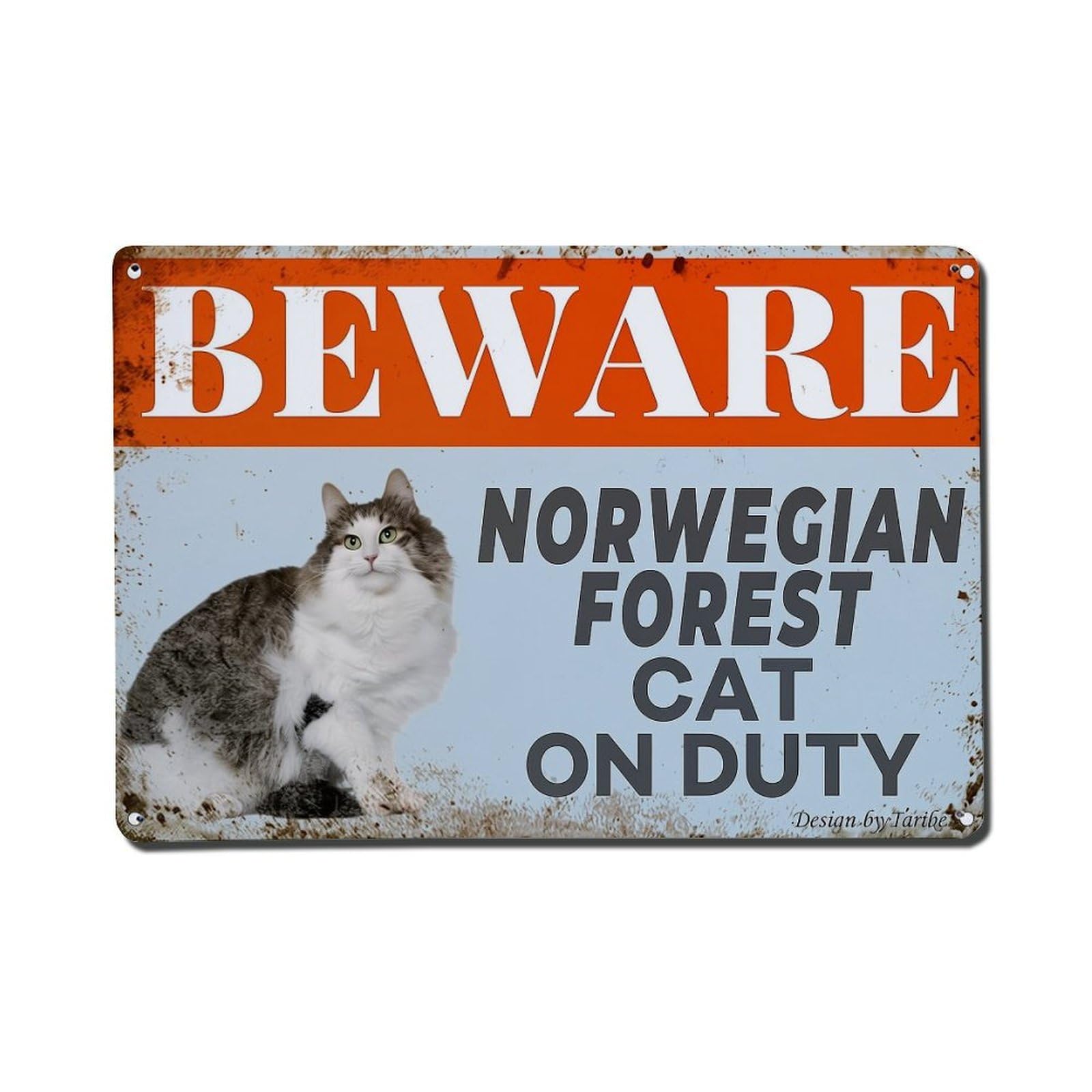 Beware Norwegian Forest Cat On Duty Metal Tin Sign Plaque