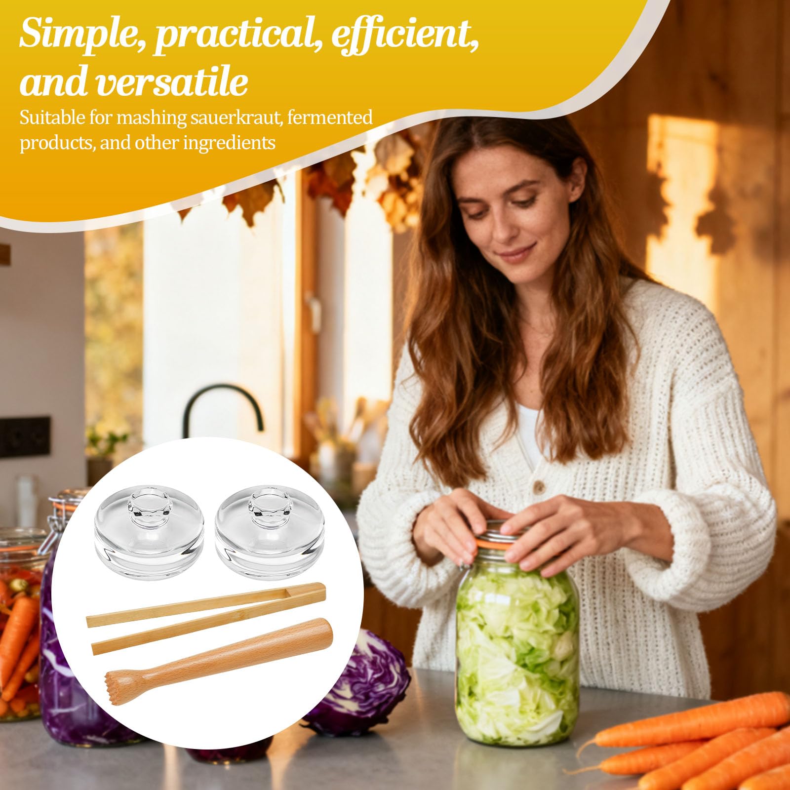 4 Pezzi Set di Accessori per Fermentazione con 2 Pesi in Vetro per Fermentazione 7 cm, Bastone da Schiacciamento di Fermentato e Pinza Fermentazione per la Fermentazione dei Crauti Kimchi