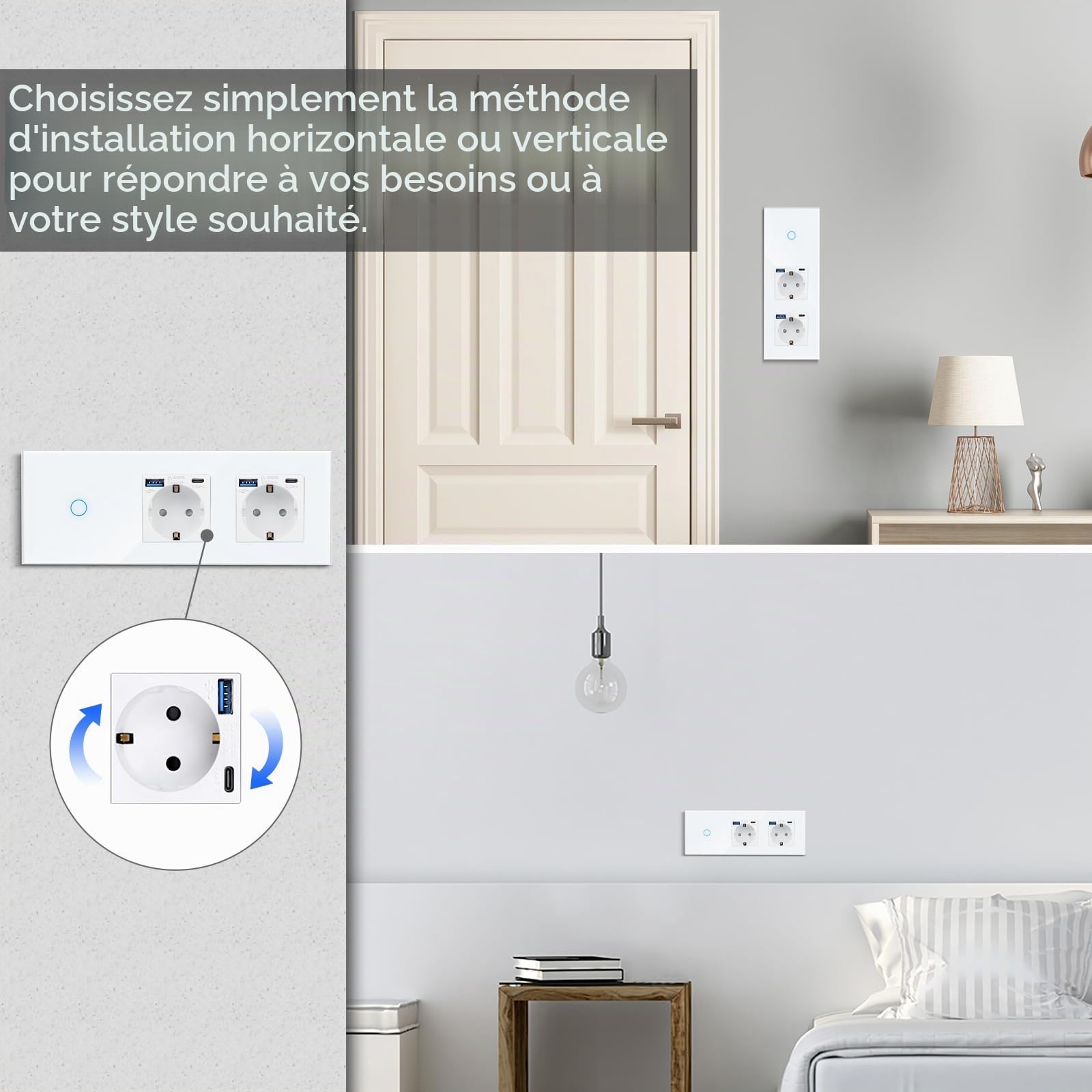 CNBINGO Interrupteur tactile et double prise USB (charge rapide type C+A, 20 W) – Prise Schuko encastrée – Interrupteur mural en verre double avec LED