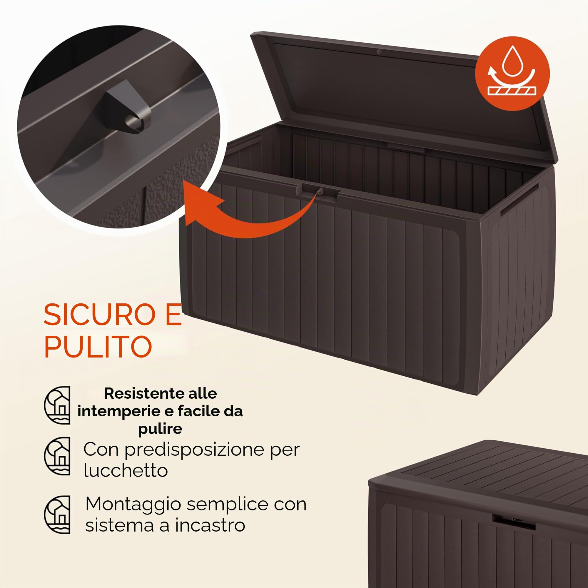Casaria Baule da Giardino 117x47x60cm Aspetto Legno 290L Box Multiuso Multibox Cuscini 6 Ruote Coperchio Esterno